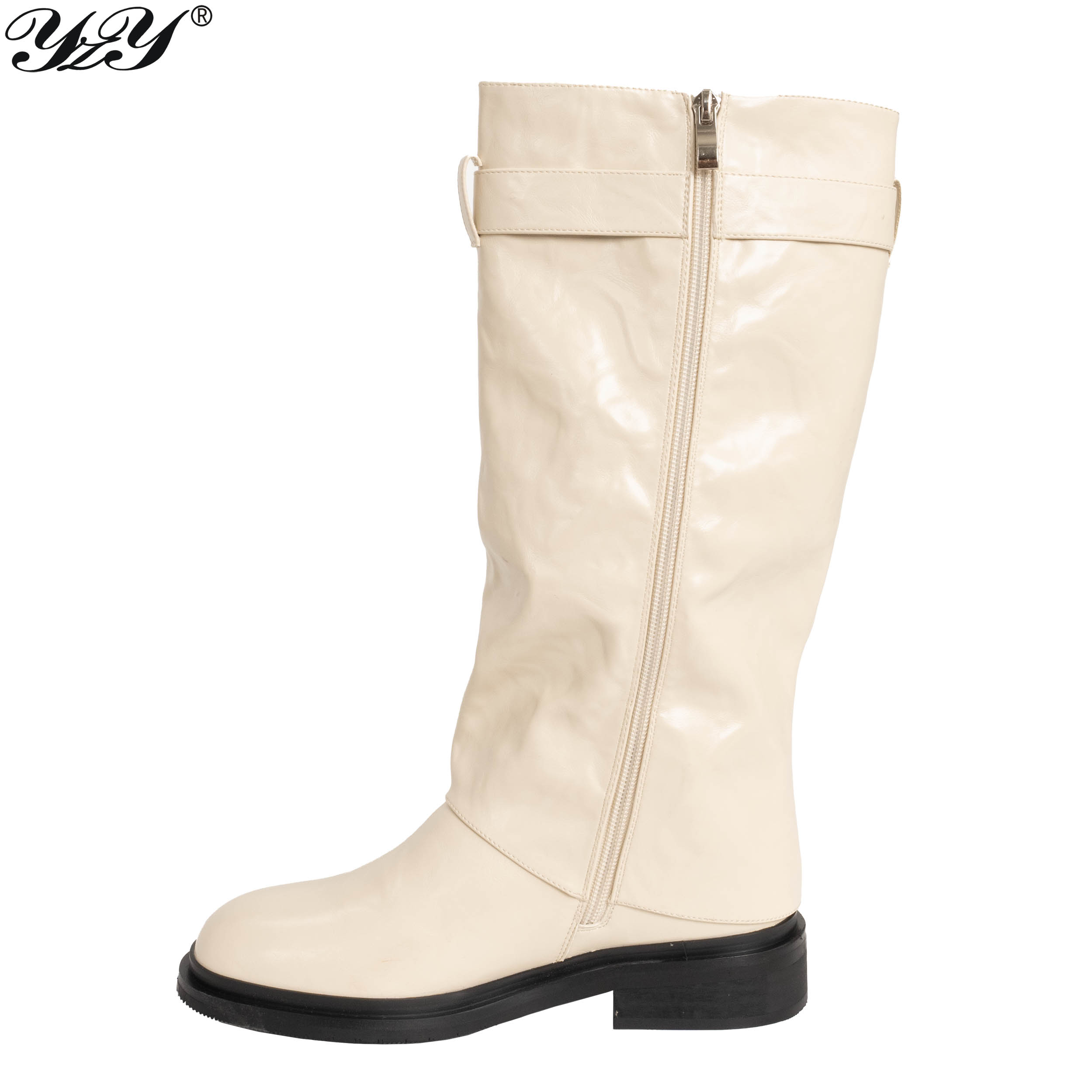 Beige knee high boots for women with great look PU leather