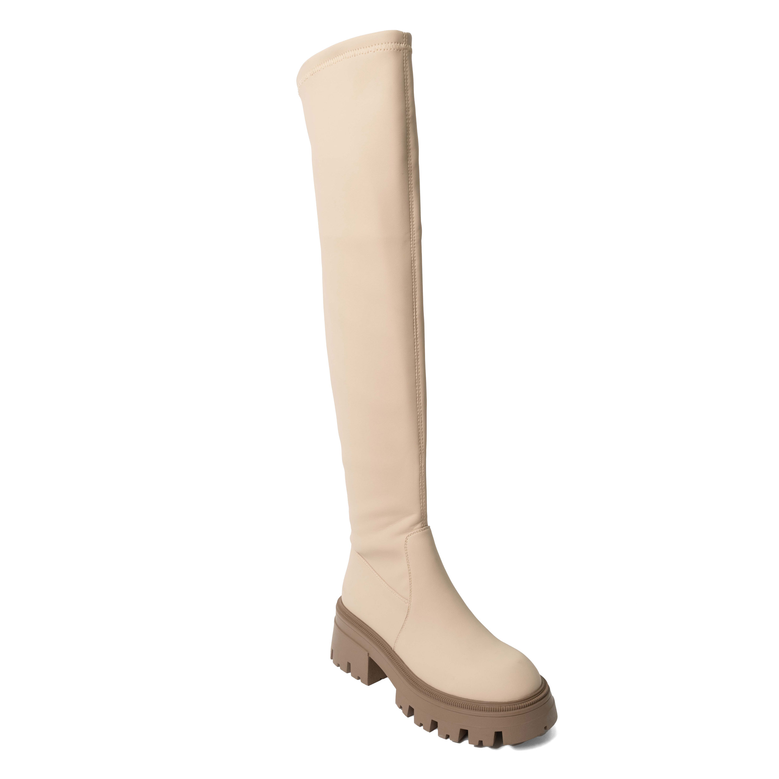 knee high boots for women with beige stretch PU