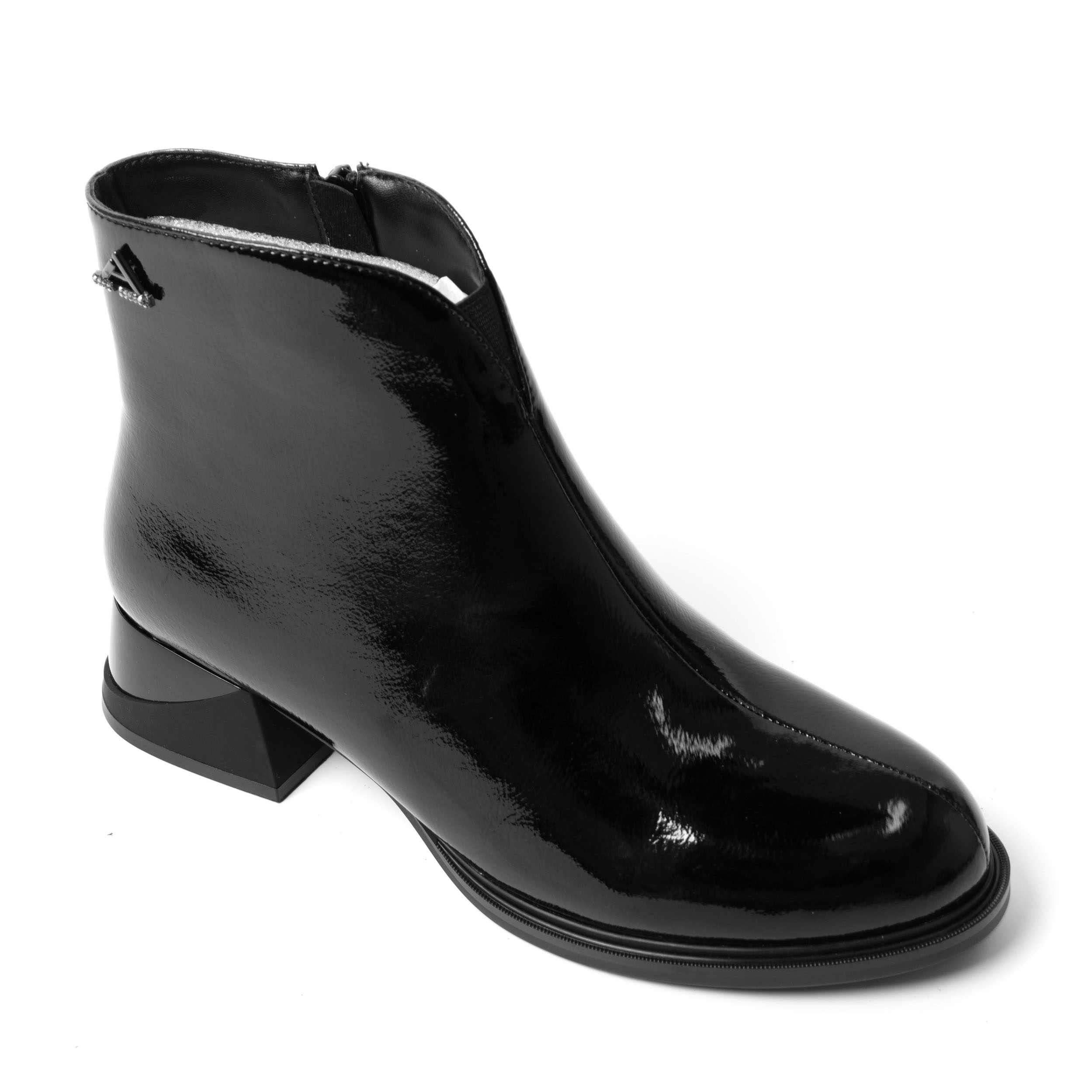 heeled boots for women with light black patent leather