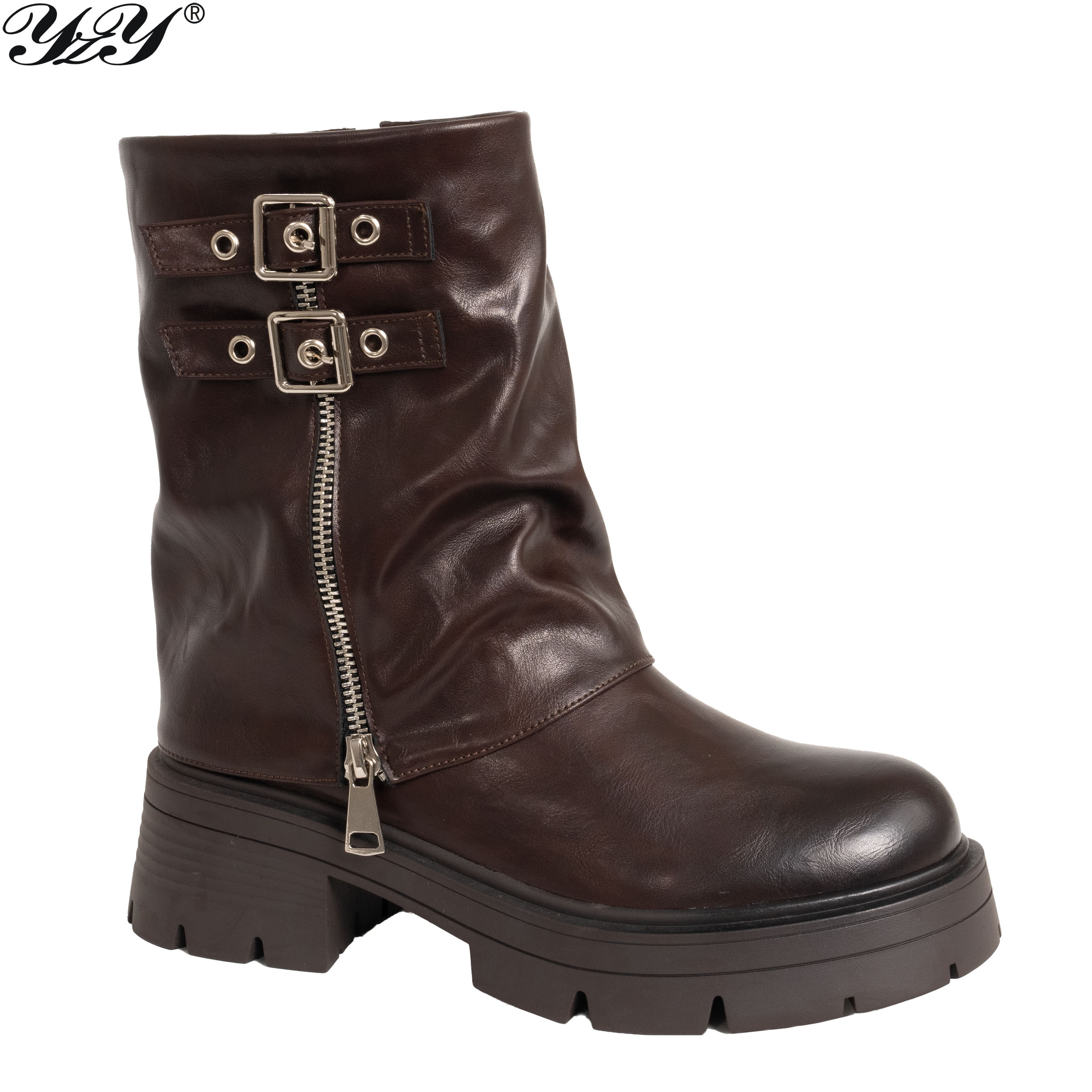 women ankle boots with brown PU leather