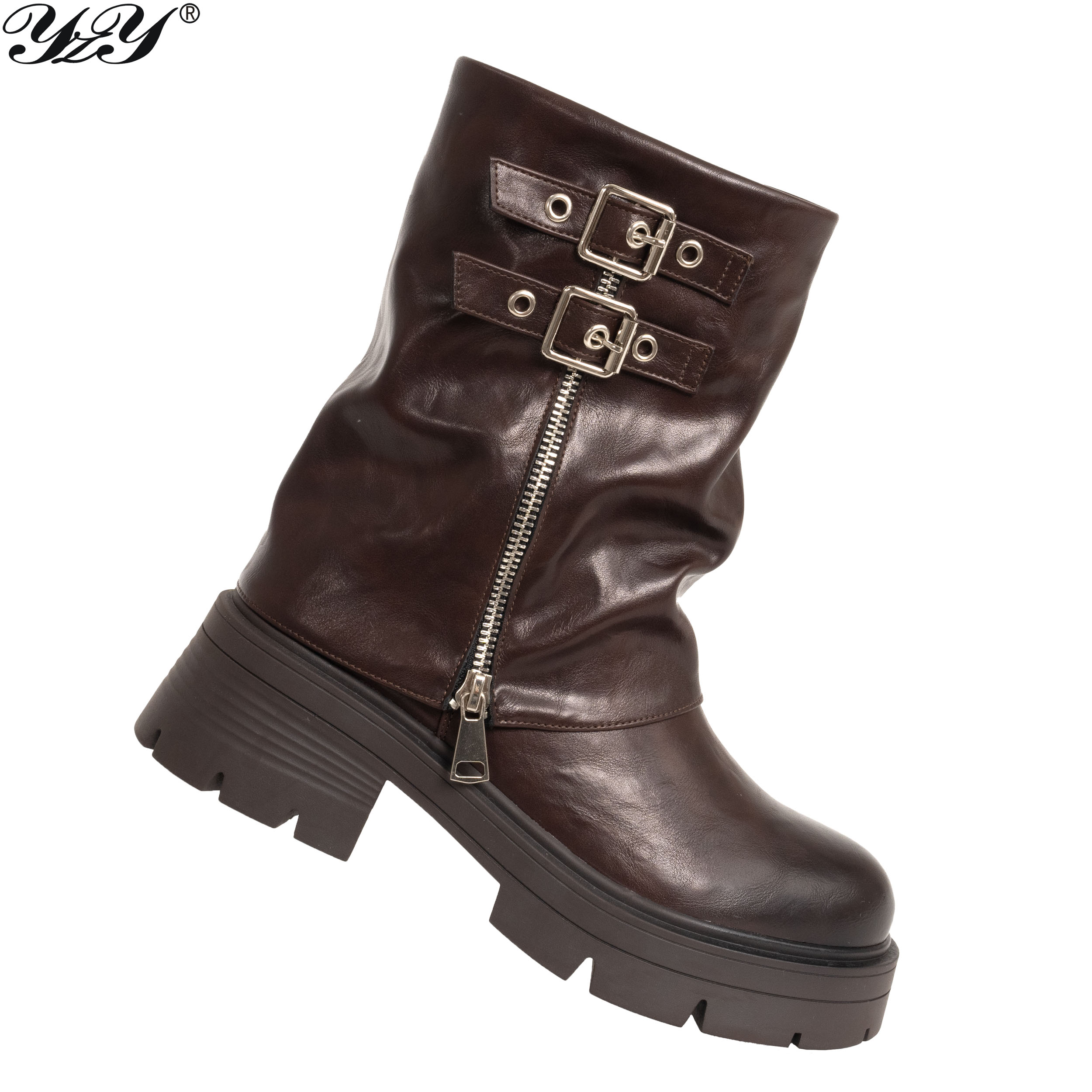 women ankle boots with brown PU leather