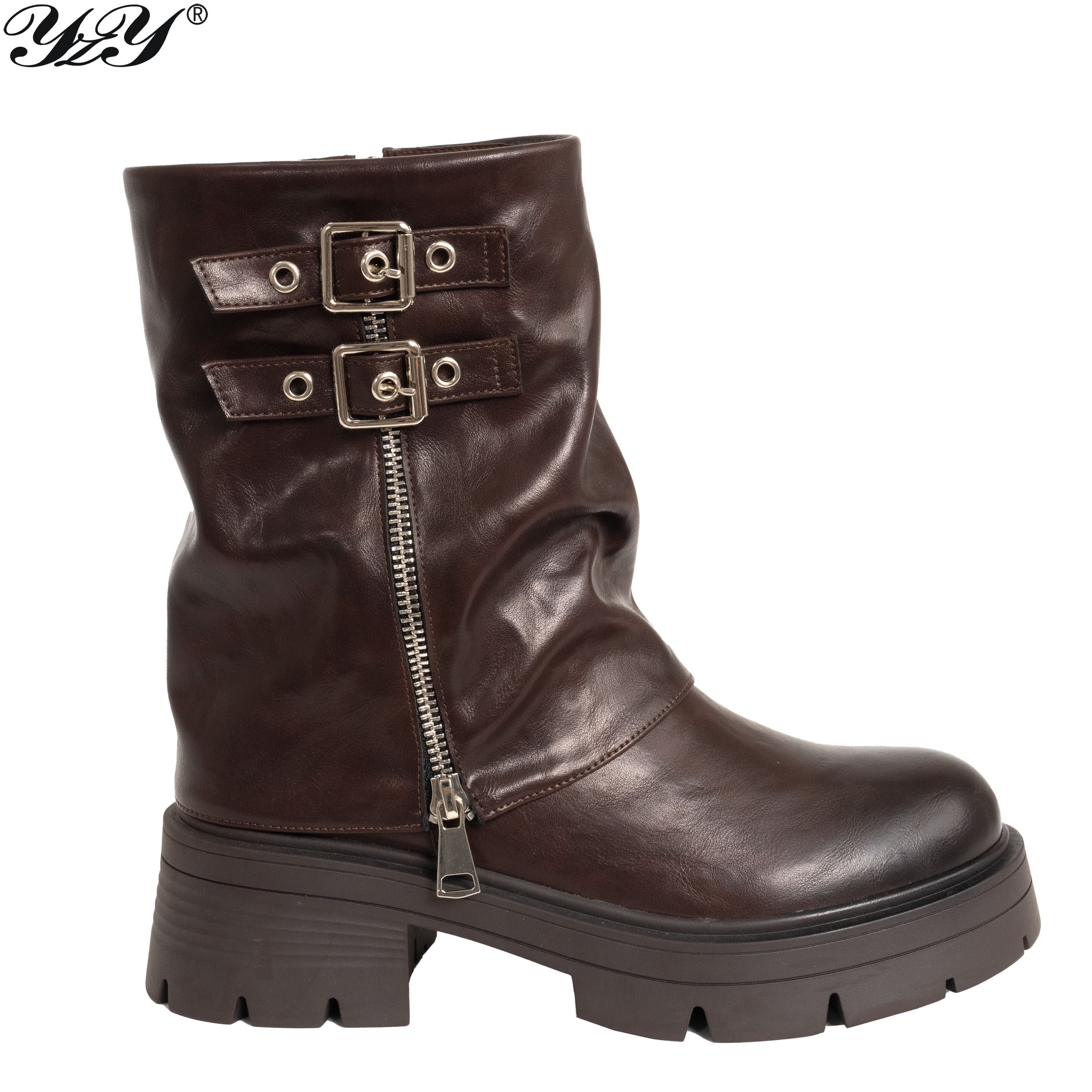 women ankle boots with brown PU leather