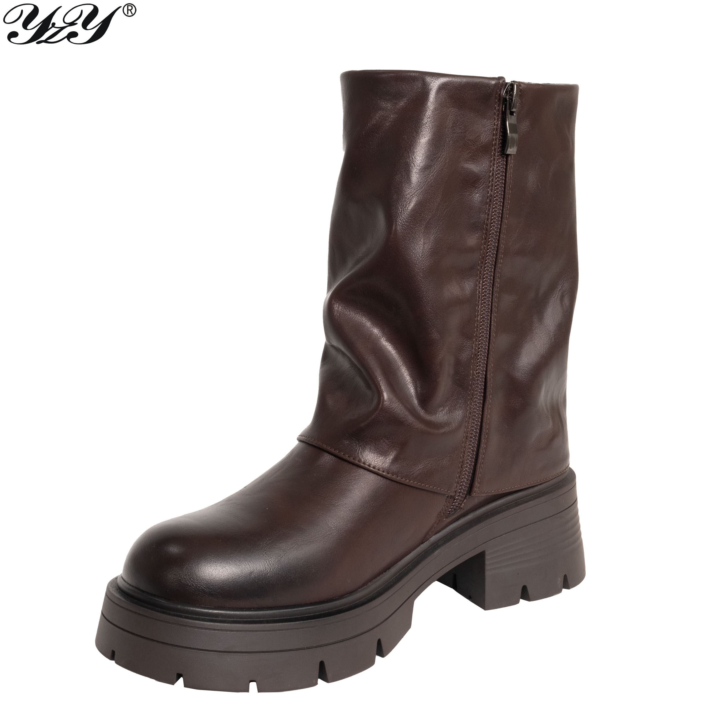 women ankle boots with brown PU leather