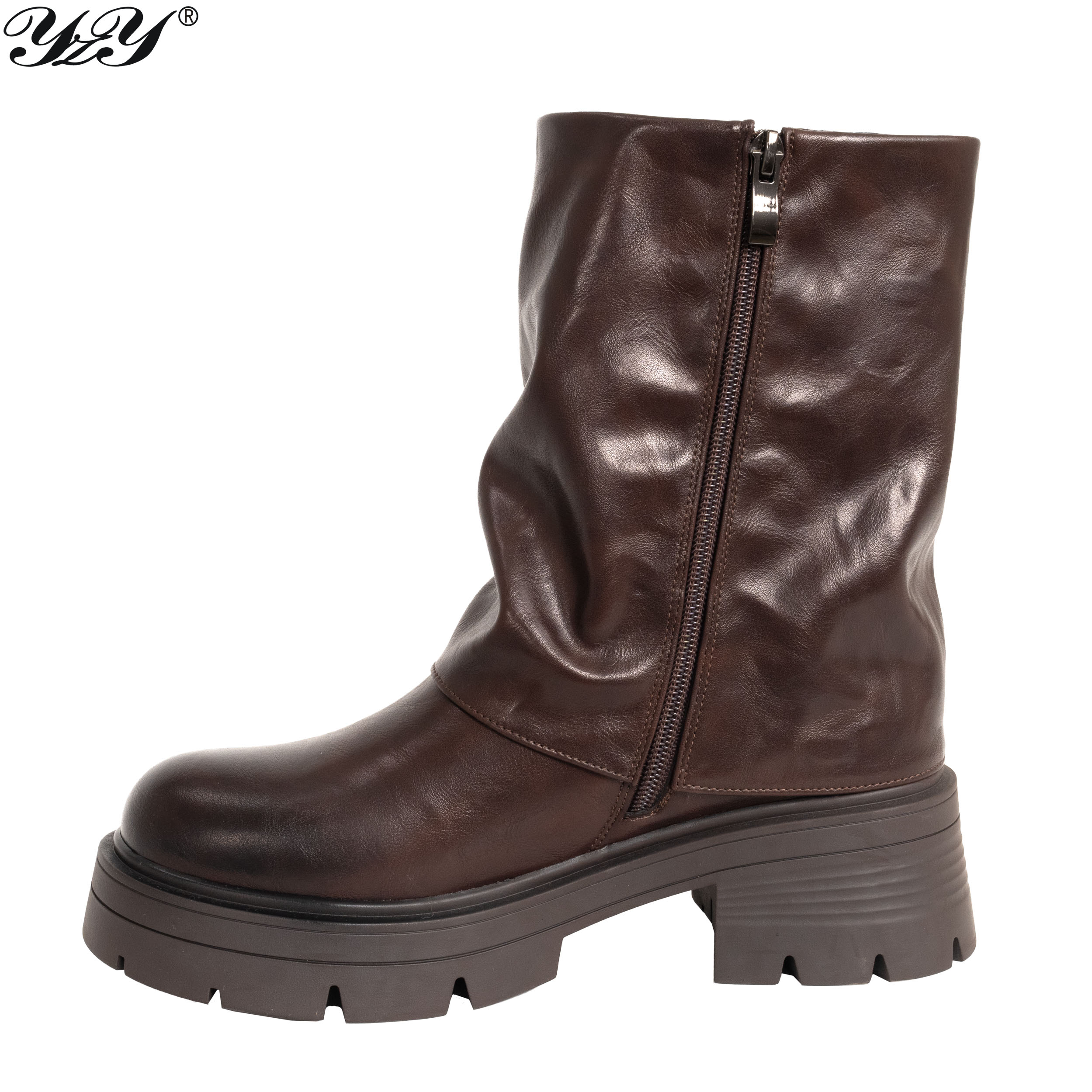 women ankle boots with brown PU leather