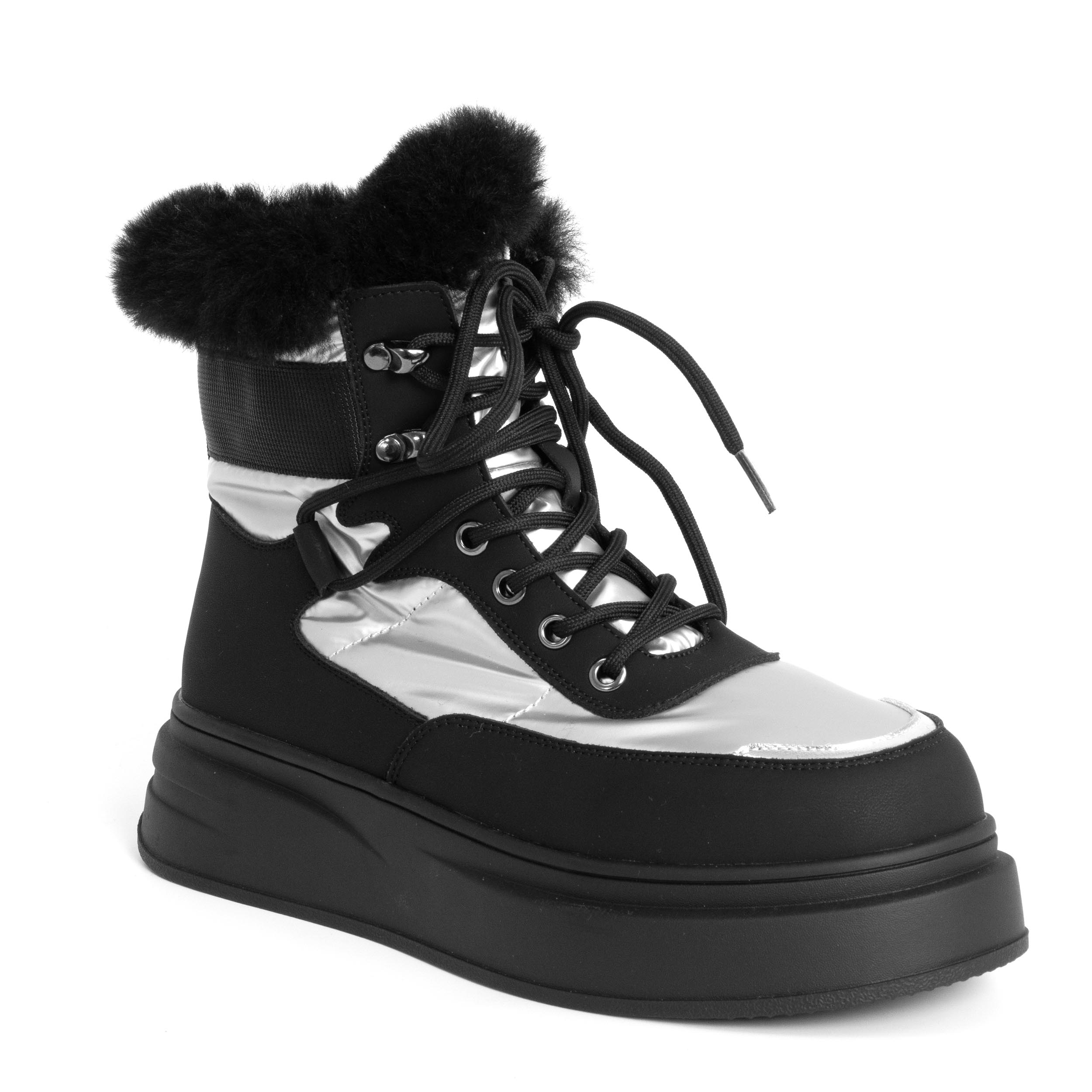 women ankle boots with fur and microfiber leather and silver down cloth