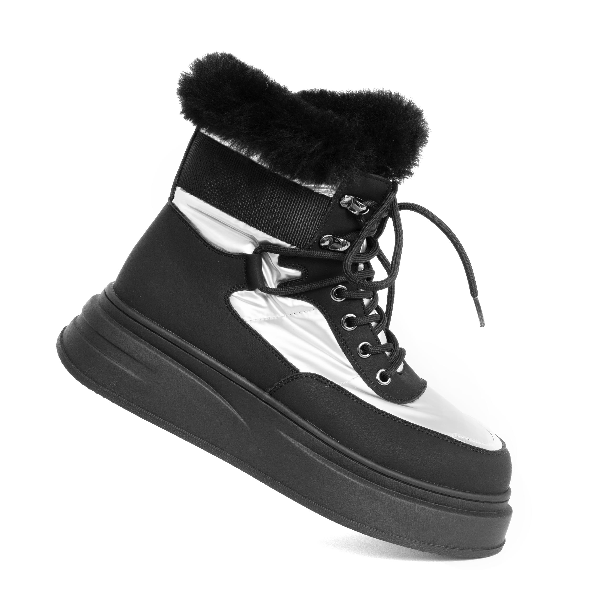 women ankle boots with fur and microfiber leather and silver down cloth