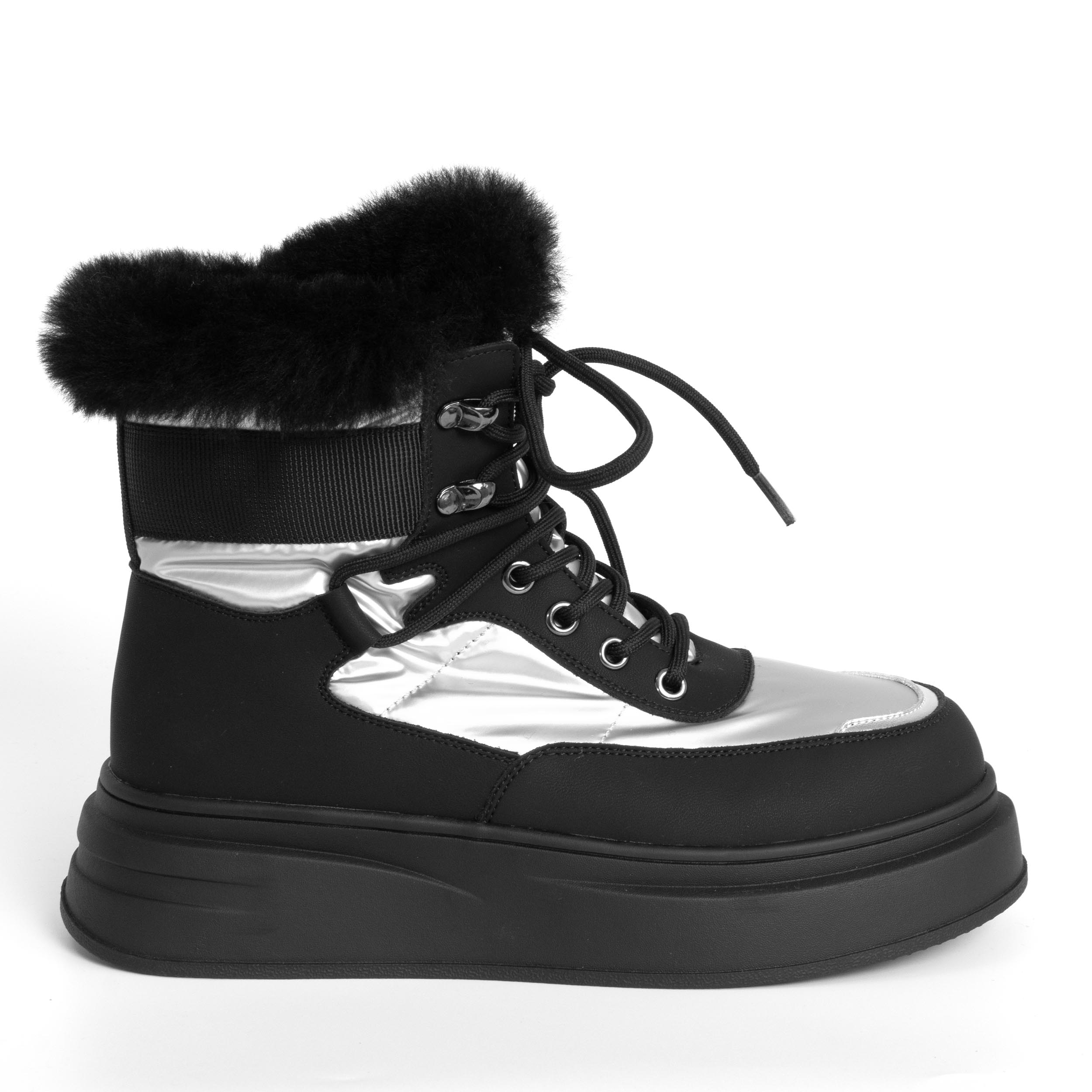 women ankle boots with fur and microfiber leather and silver down cloth