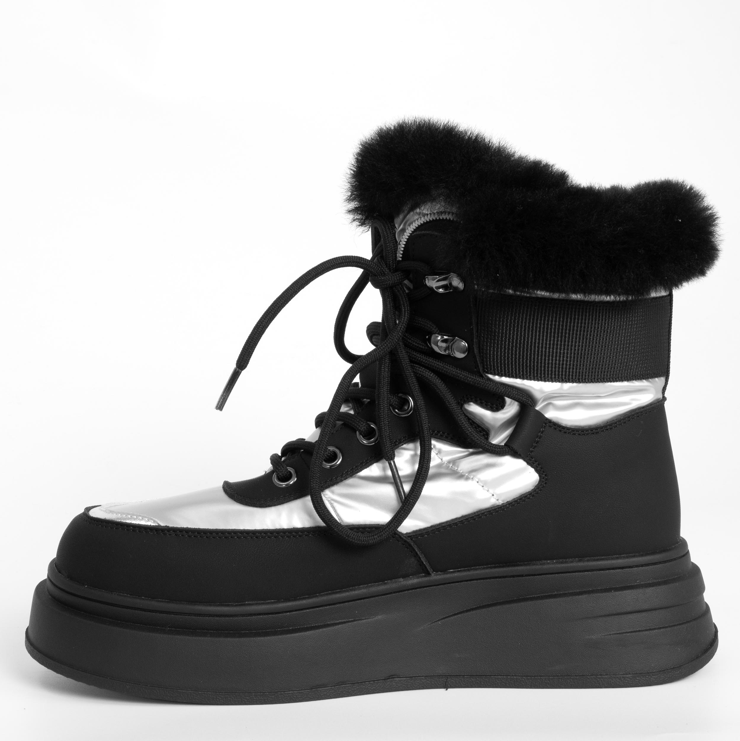 women ankle boots with fur and microfiber leather and silver down cloth