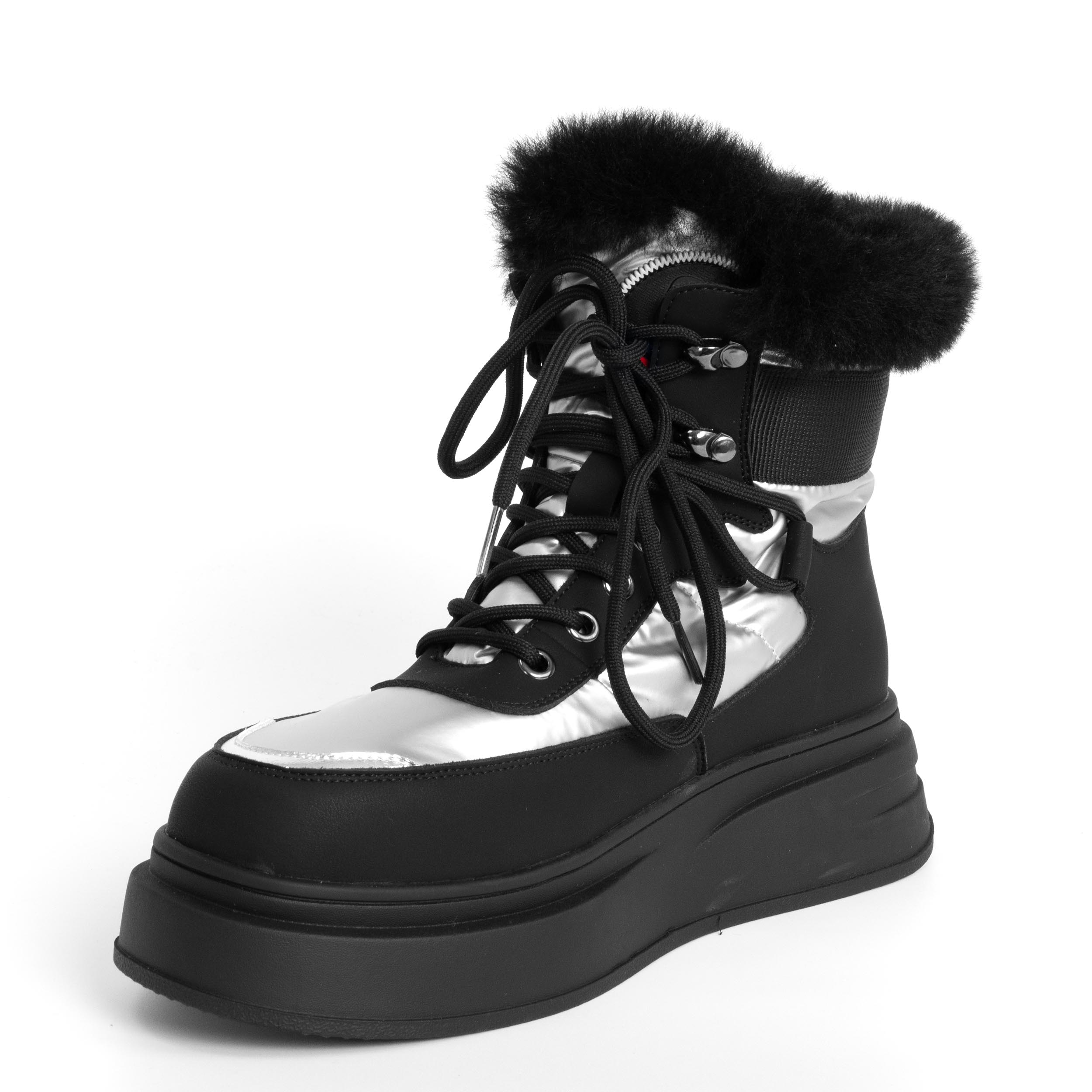 women ankle boots with fur and microfiber leather and silver down cloth