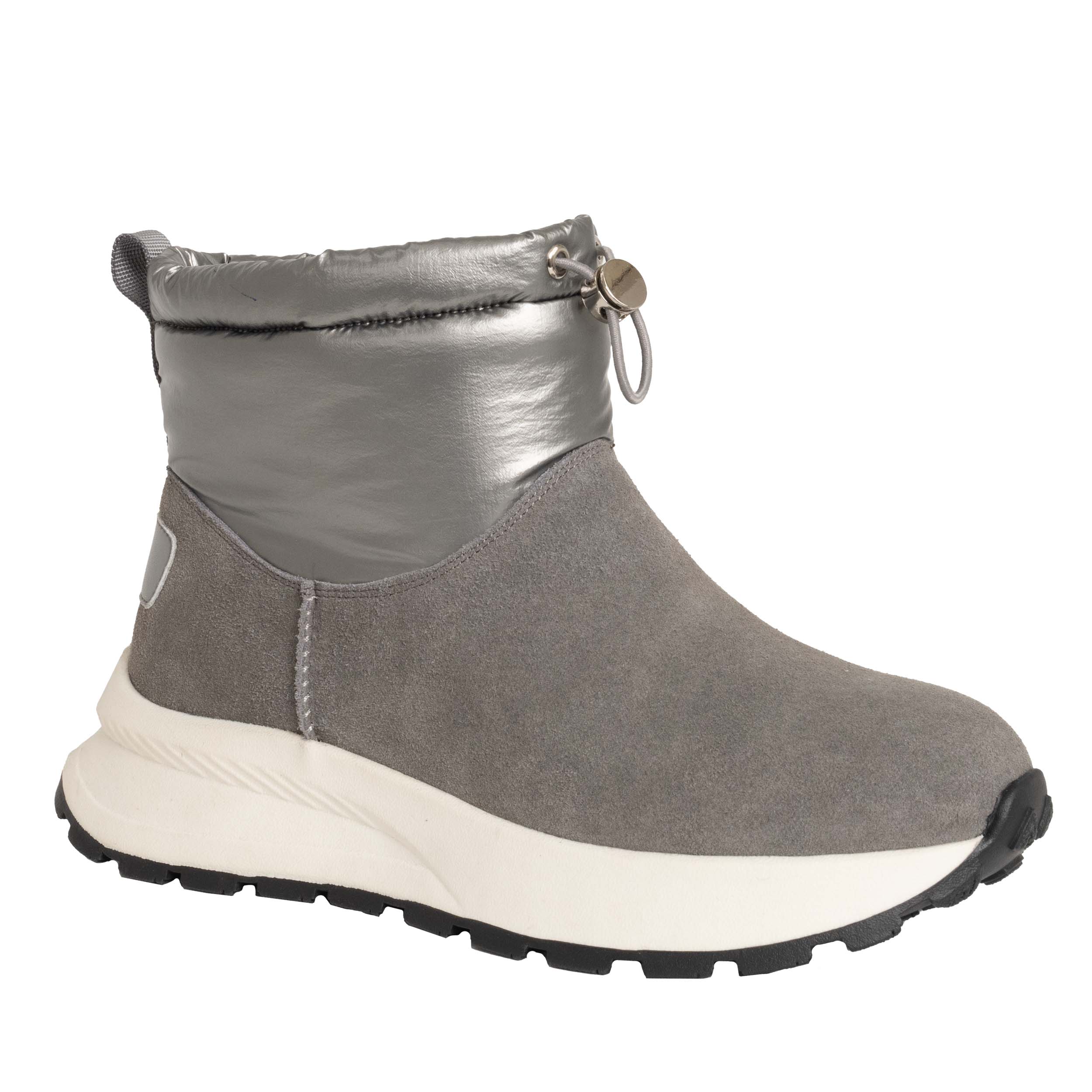 women casual boots with silver and grey leather and down