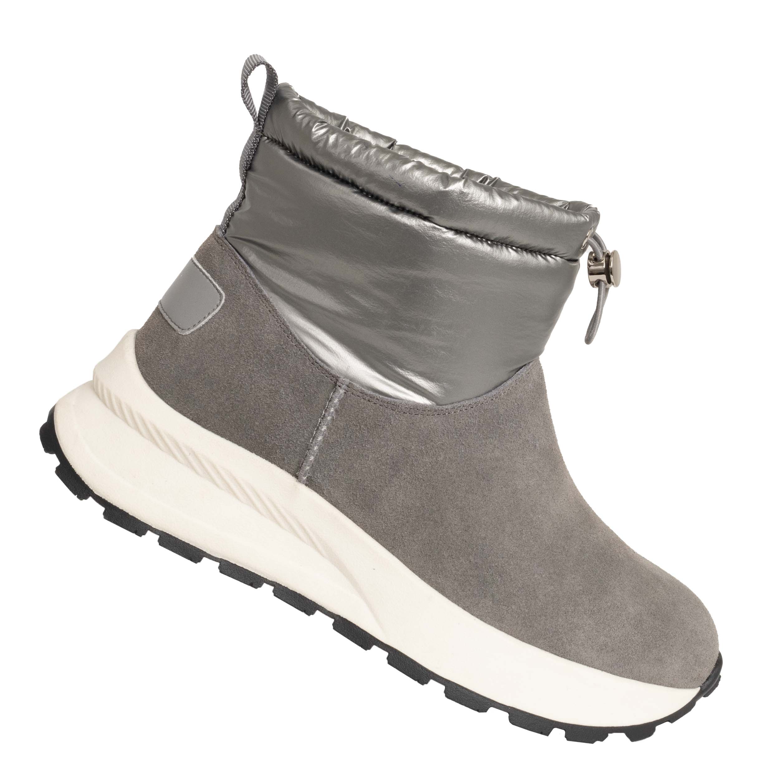 women casual boots with silver and grey leather and down