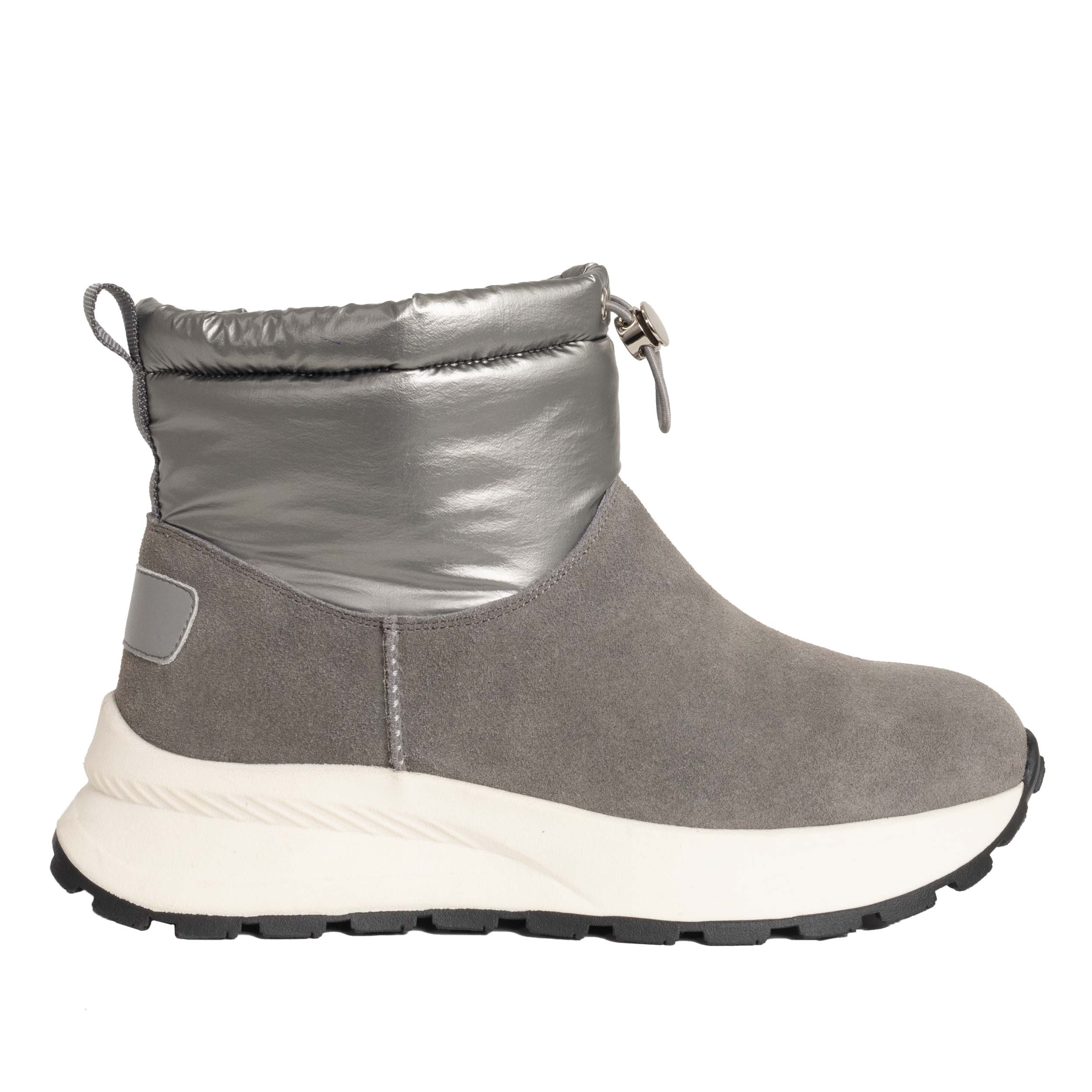 women casual boots with silver and grey leather and down