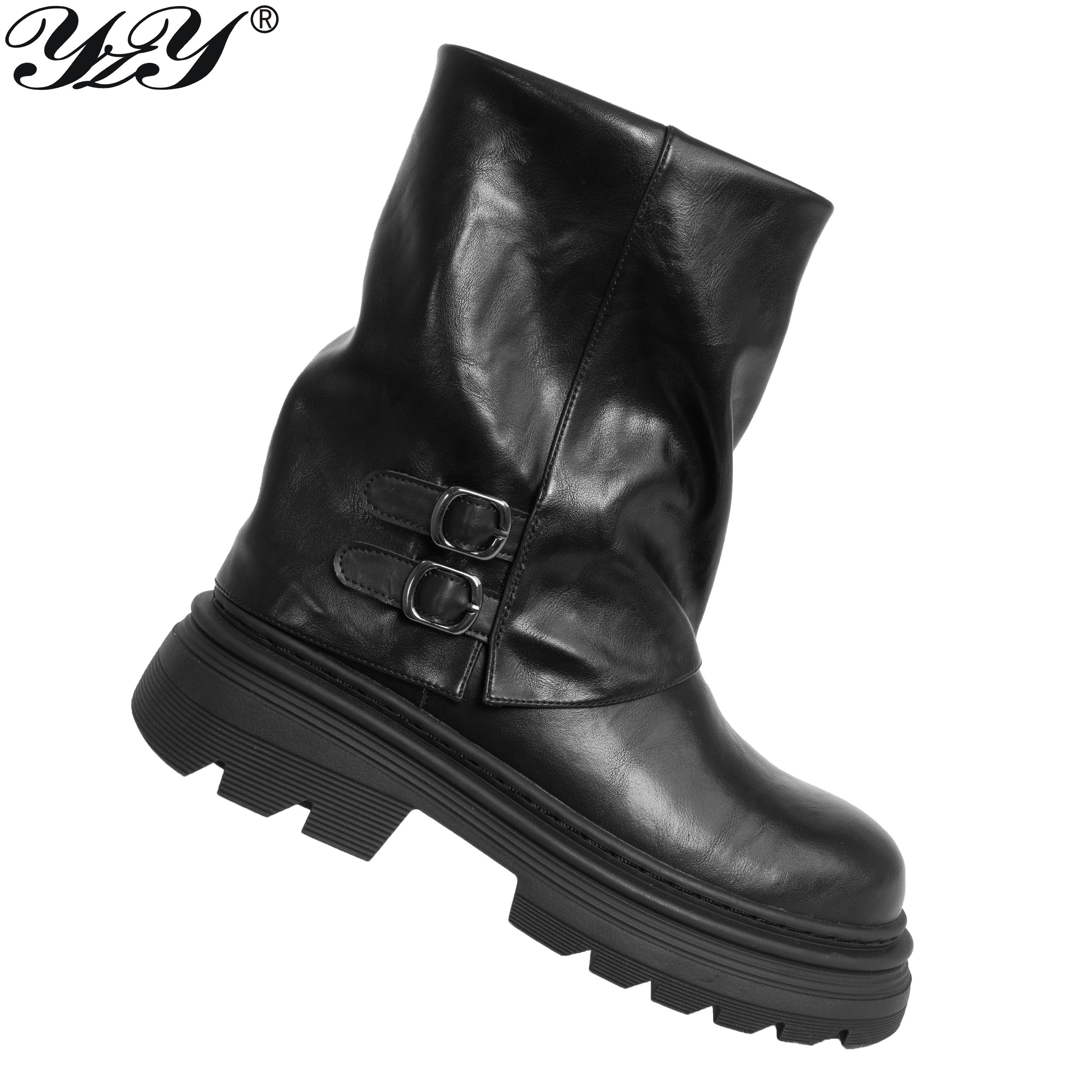 women ankle boots with black PU leather