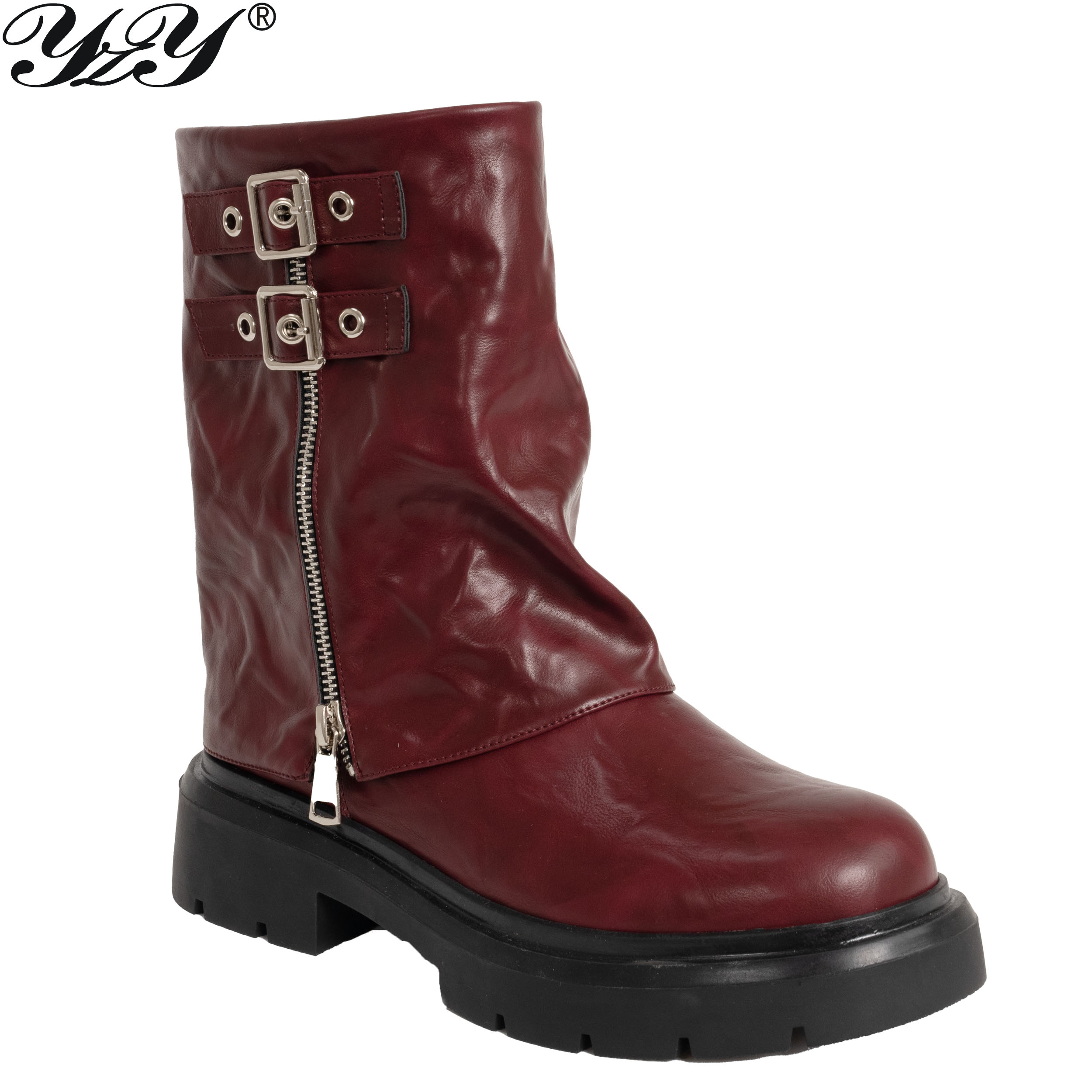 women ankle boots with Burgundy PU leather