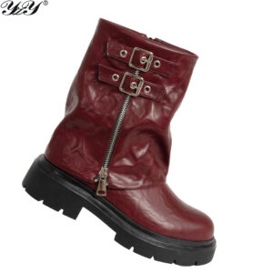 women ankle boots with Burgundy PU leather