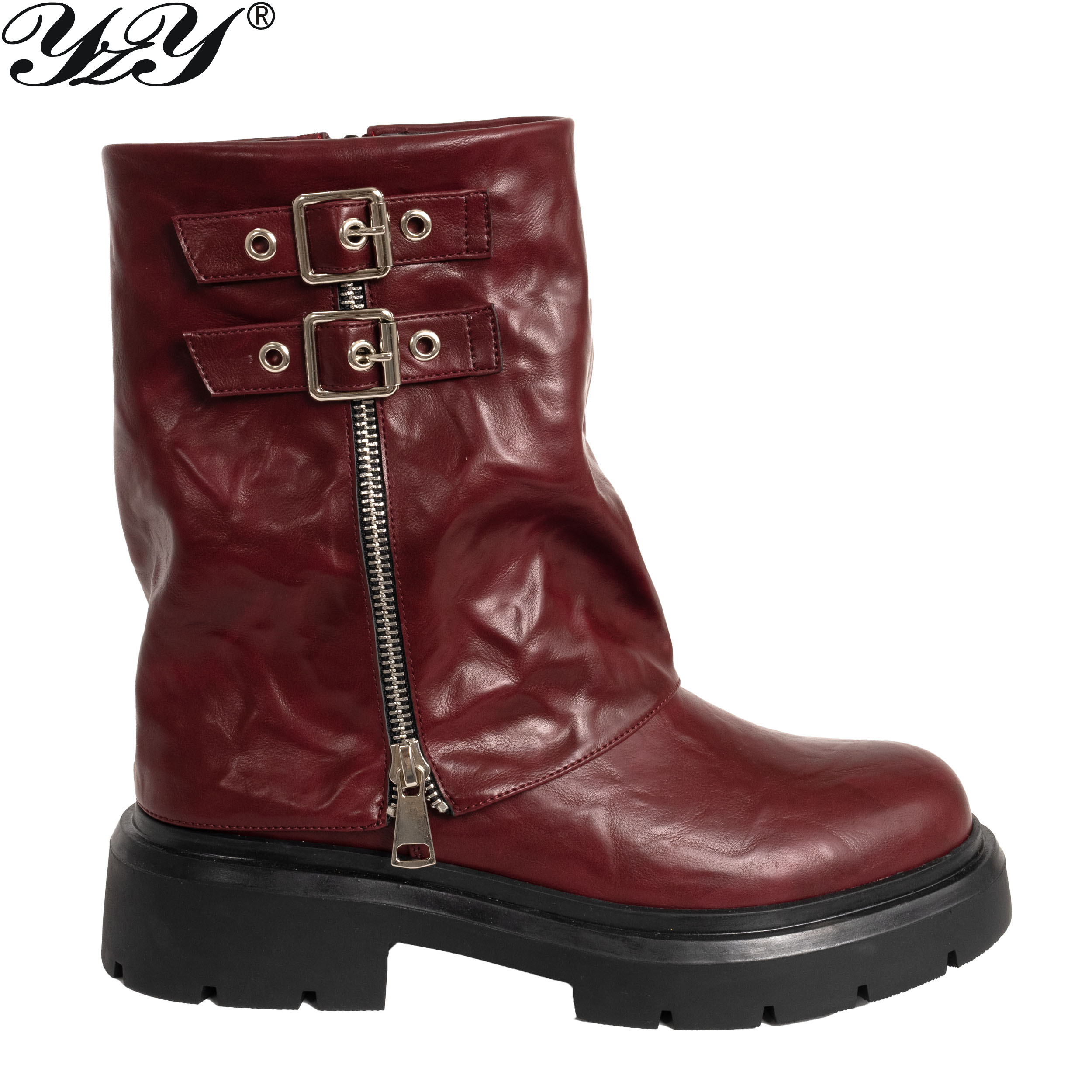 women ankle boots with Burgundy PU leather