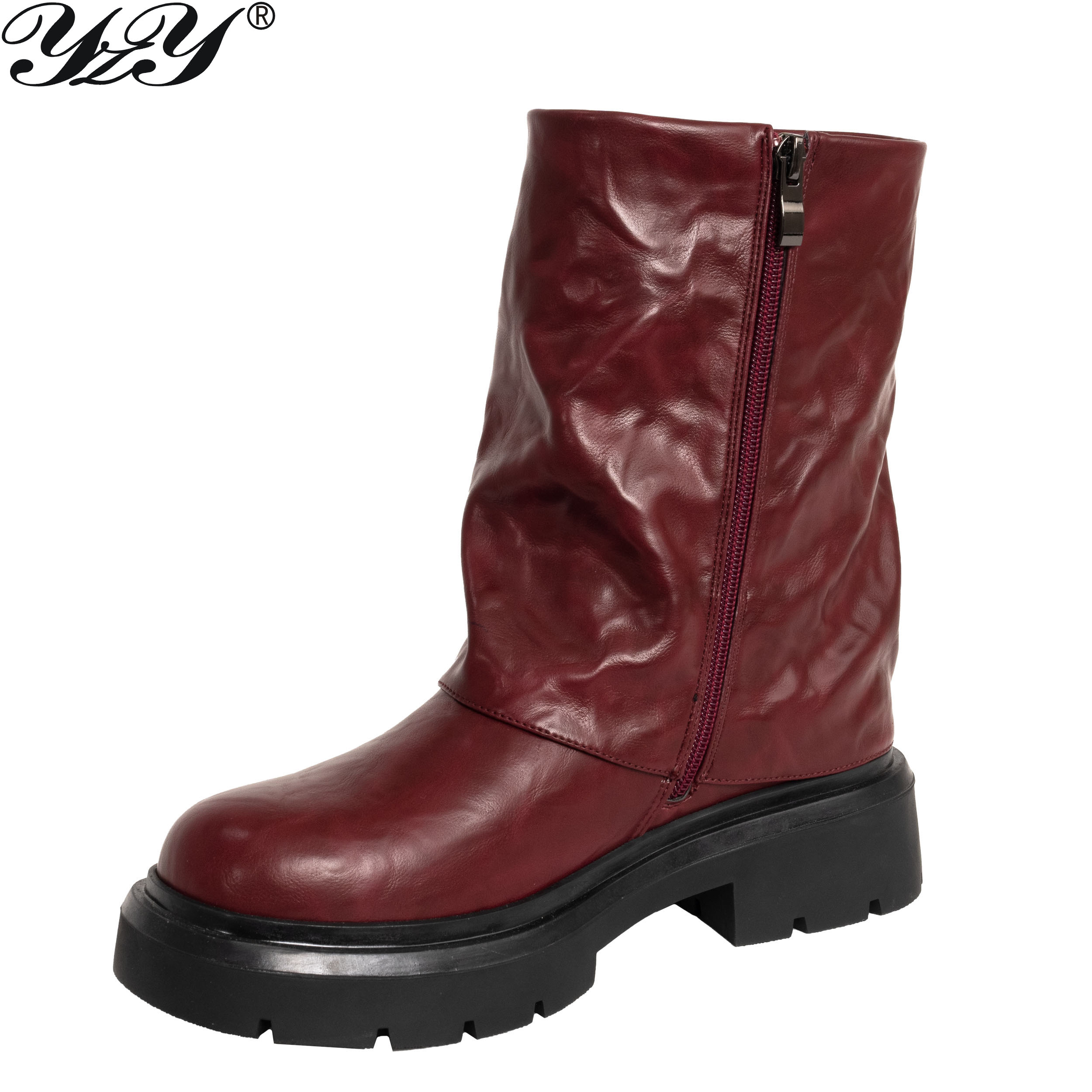 women ankle boots with Burgundy PU leather