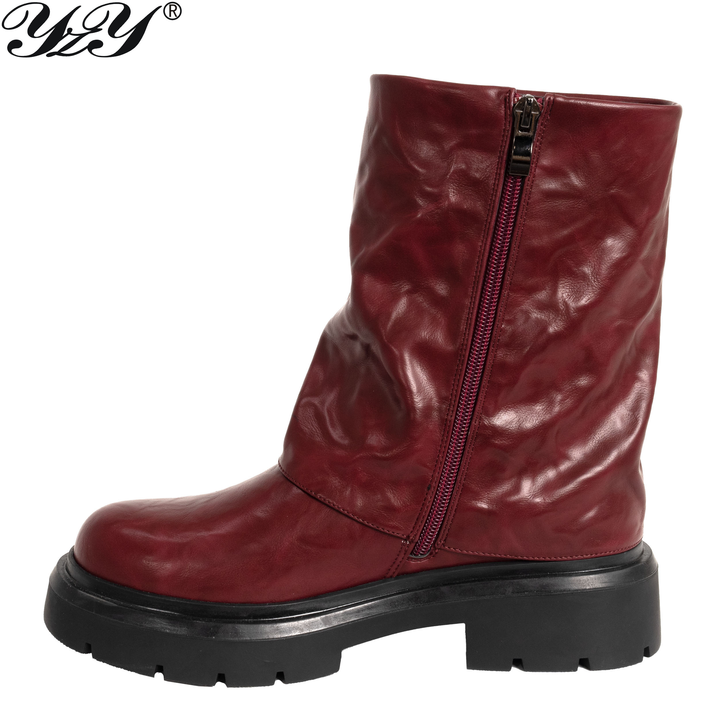 women ankle boots with Burgundy PU leather