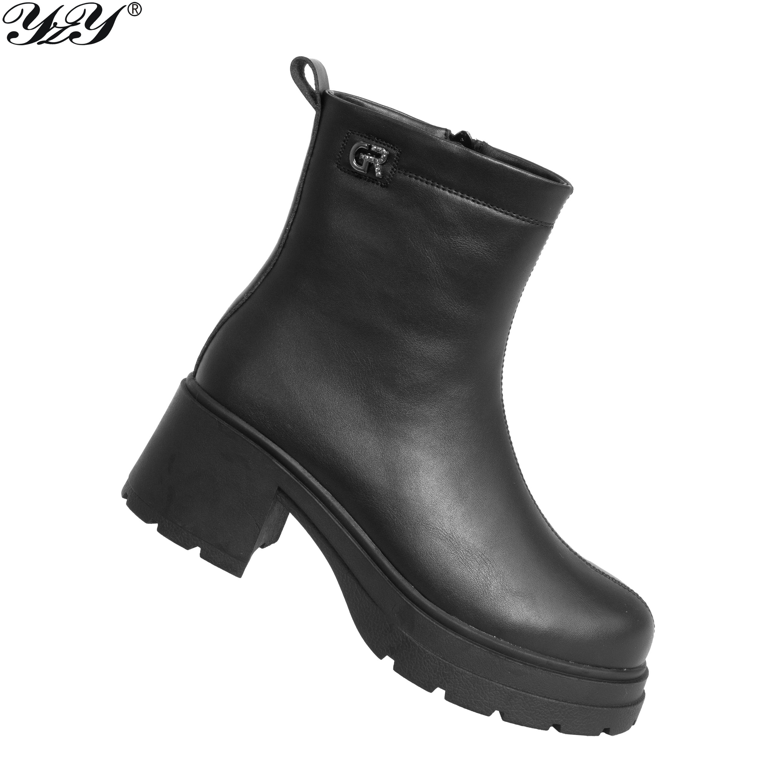 women ankle boots with black microfiber leather