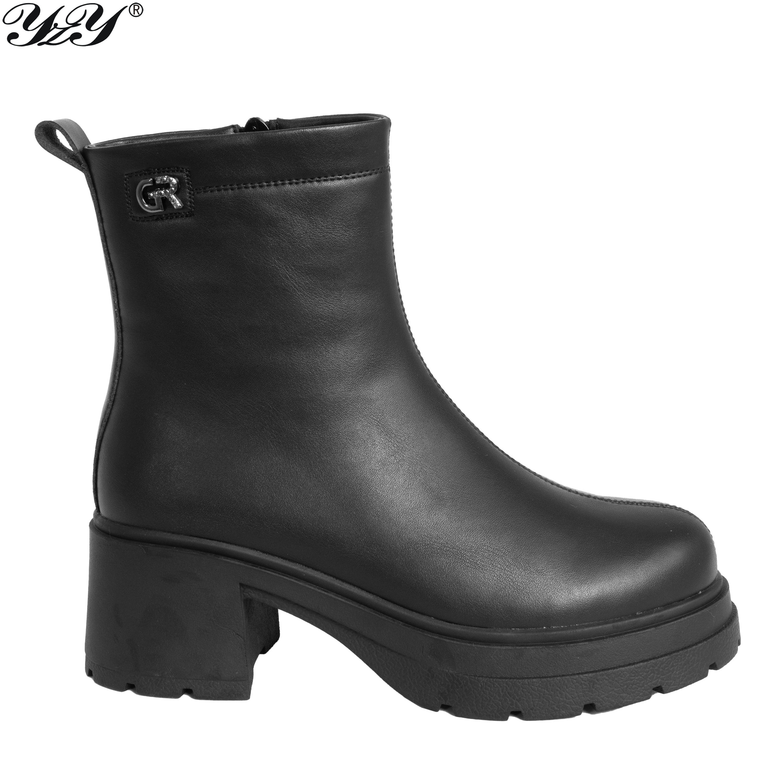 women ankle boots with black microfiber leather