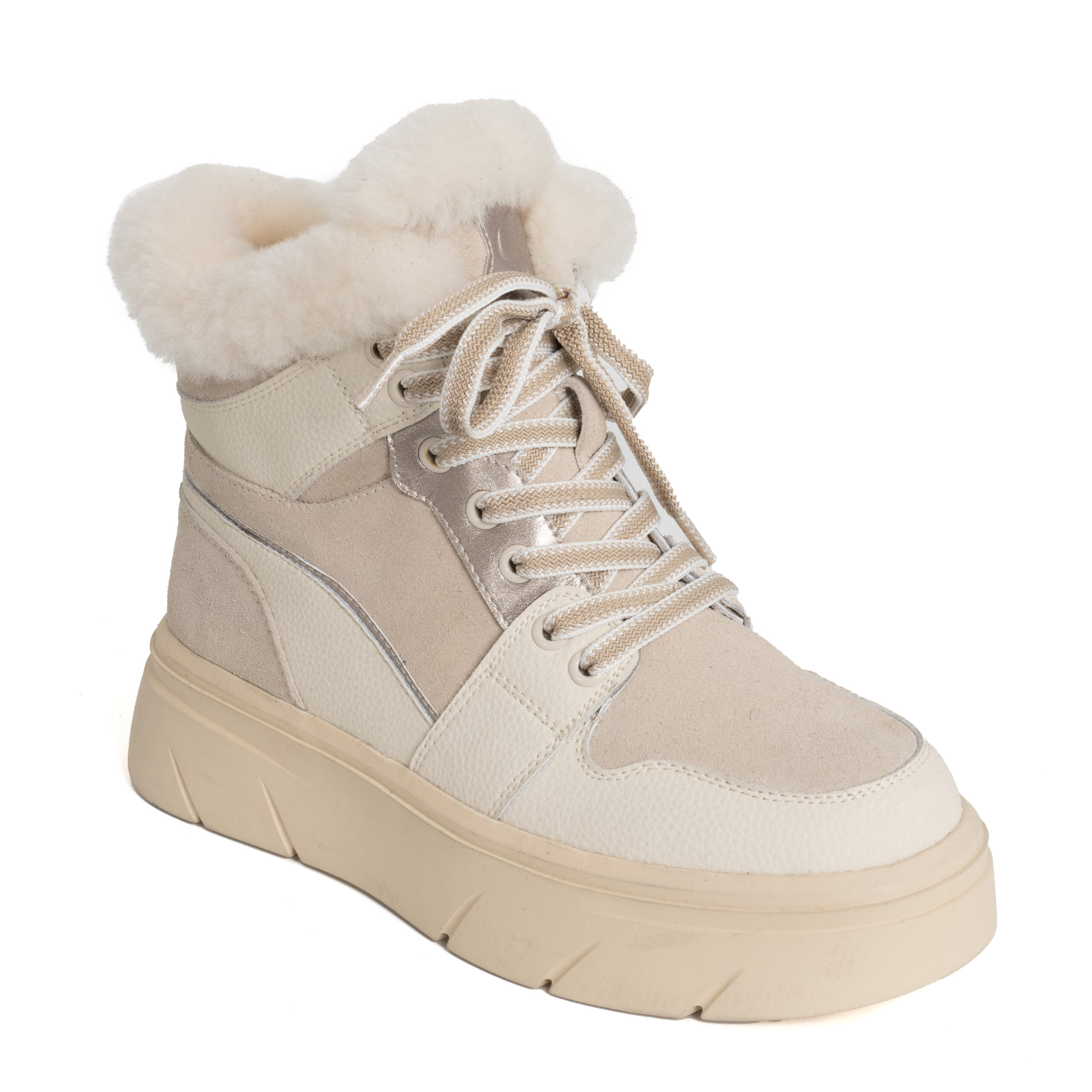 casual style women snow boots with beige microfiber leather, genuine leather and synthetic fur