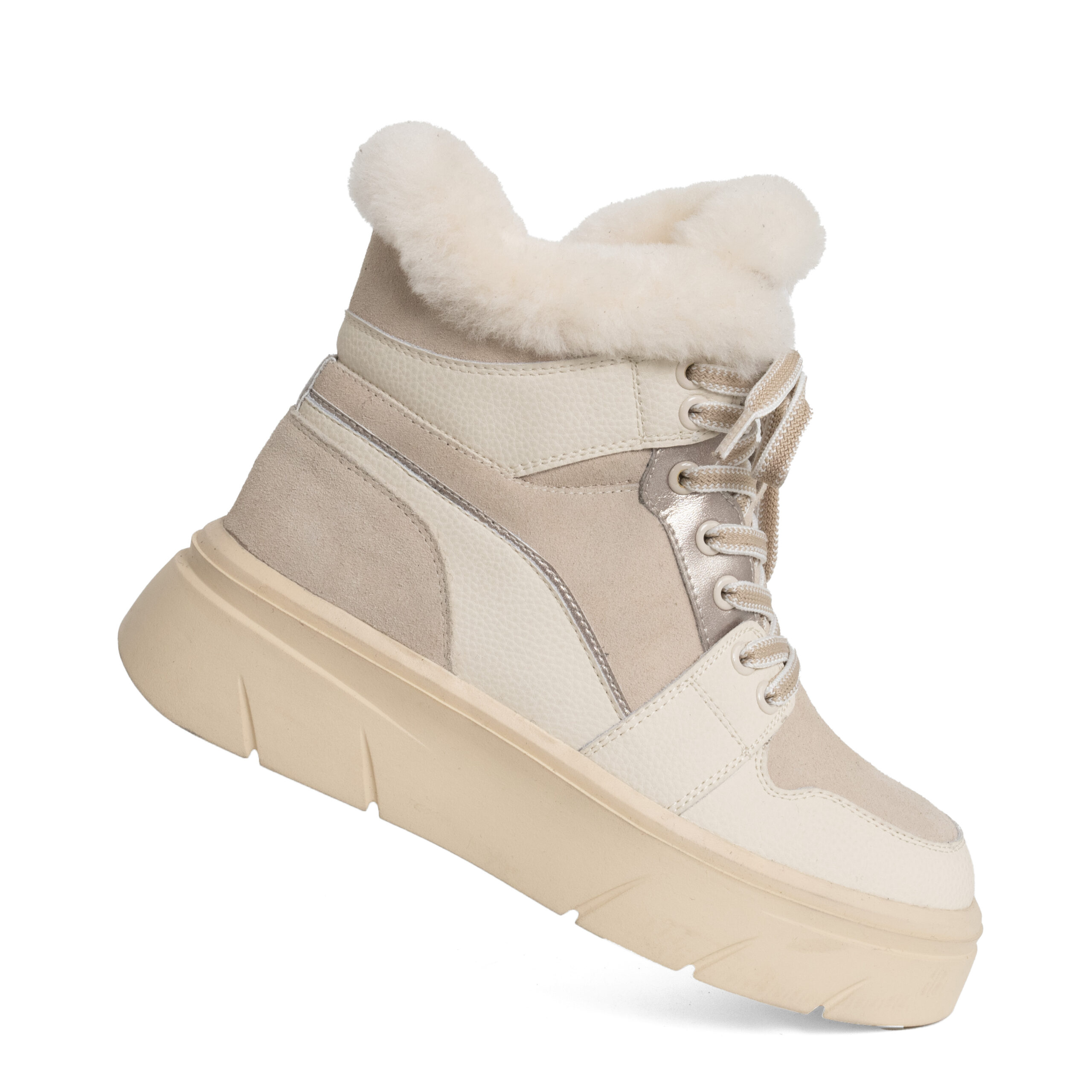 casual style women snow boots with beige microfiber leather, genuine leather and synthetic fur
