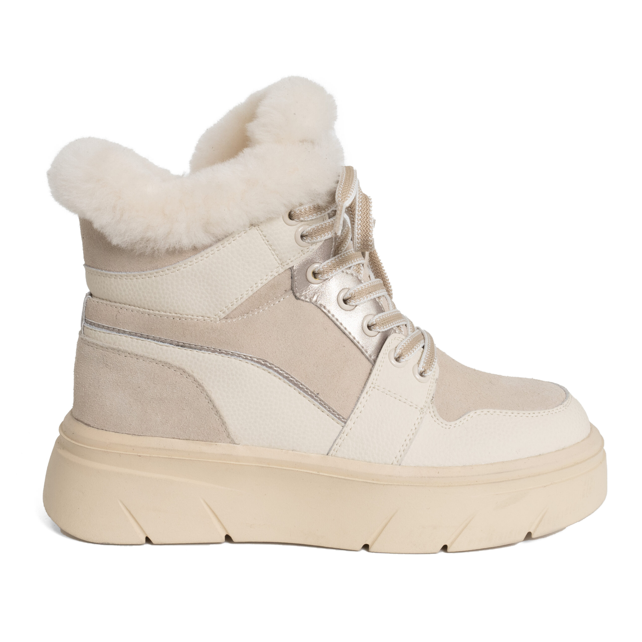 casual style women snow boots with beige microfiber leather, genuine leather and synthetic fur