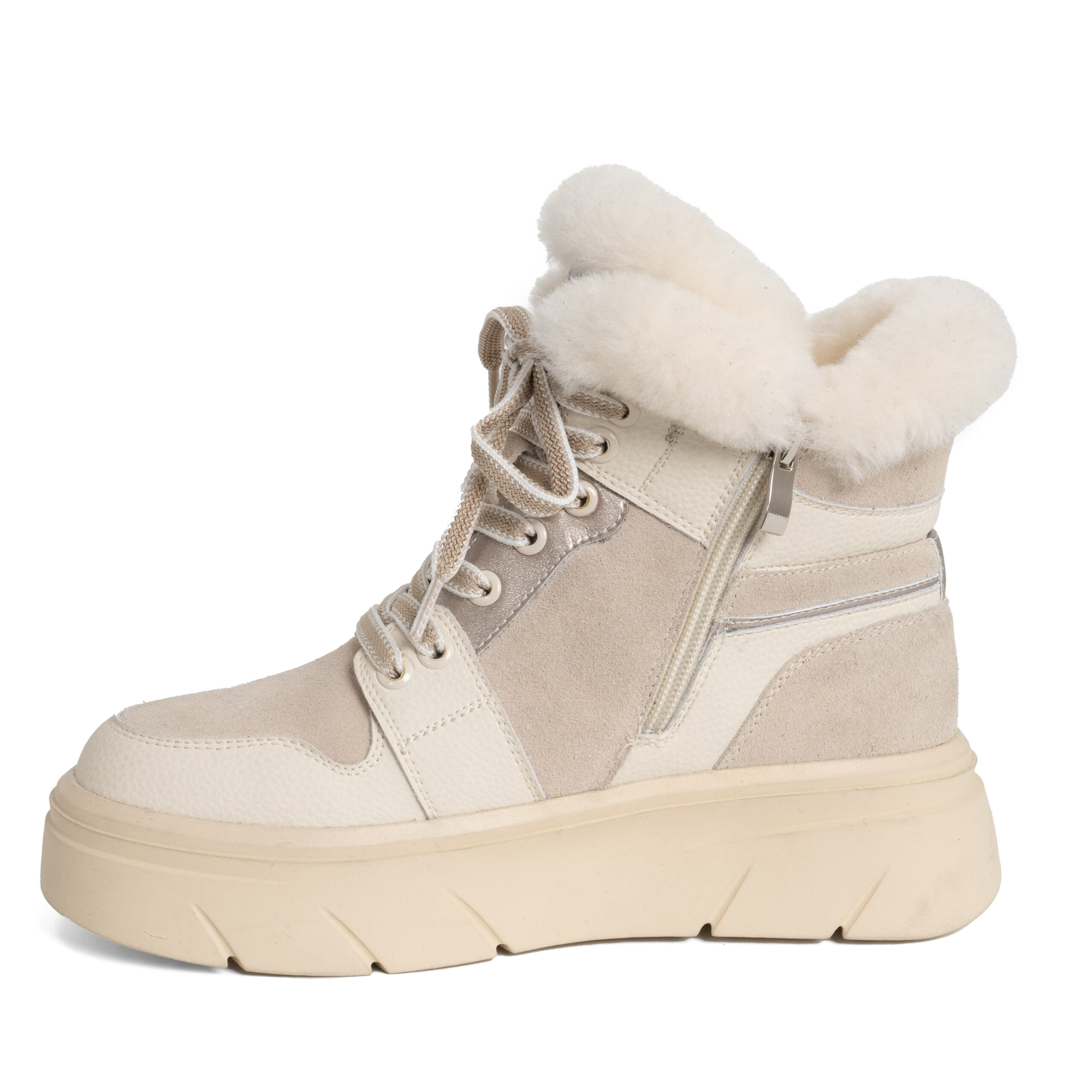 casual style women snow boots with beige microfiber leather, genuine leather and synthetic fur