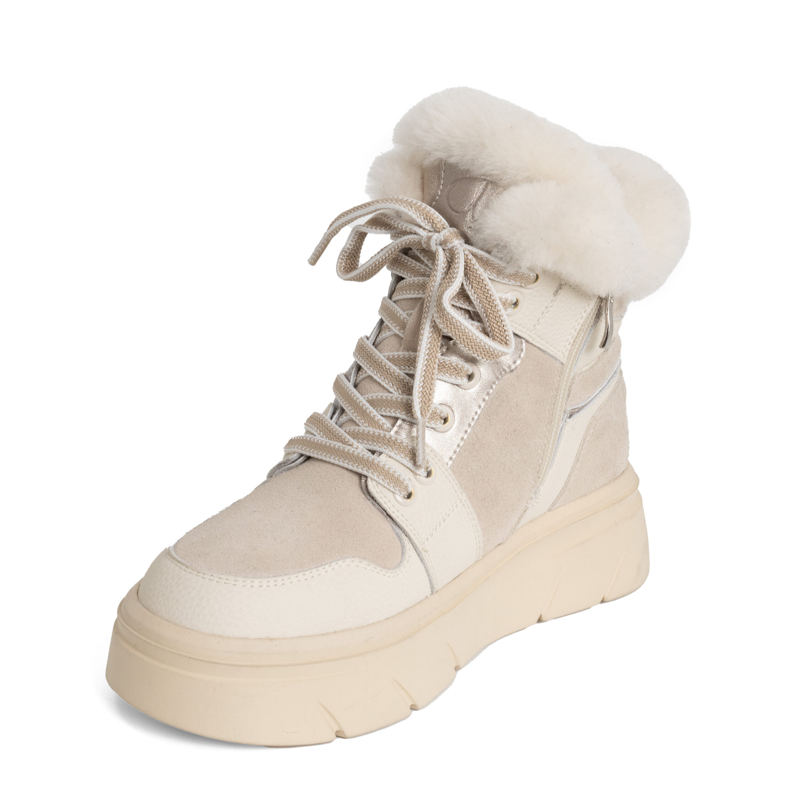 casual style women snow boots with beige microfiber leather, genuine leather and synthetic fur