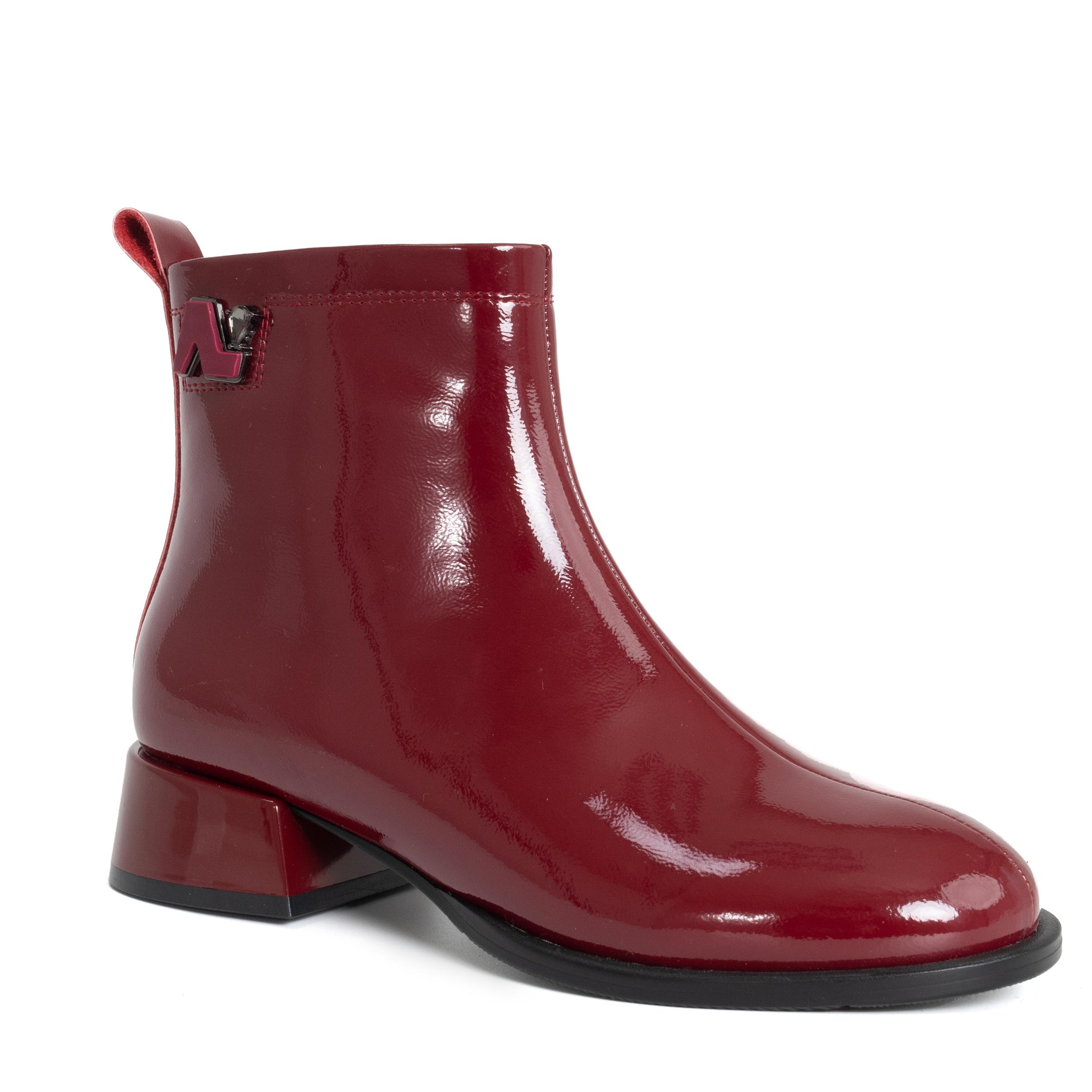 women heeled boots with burgundy patent leather