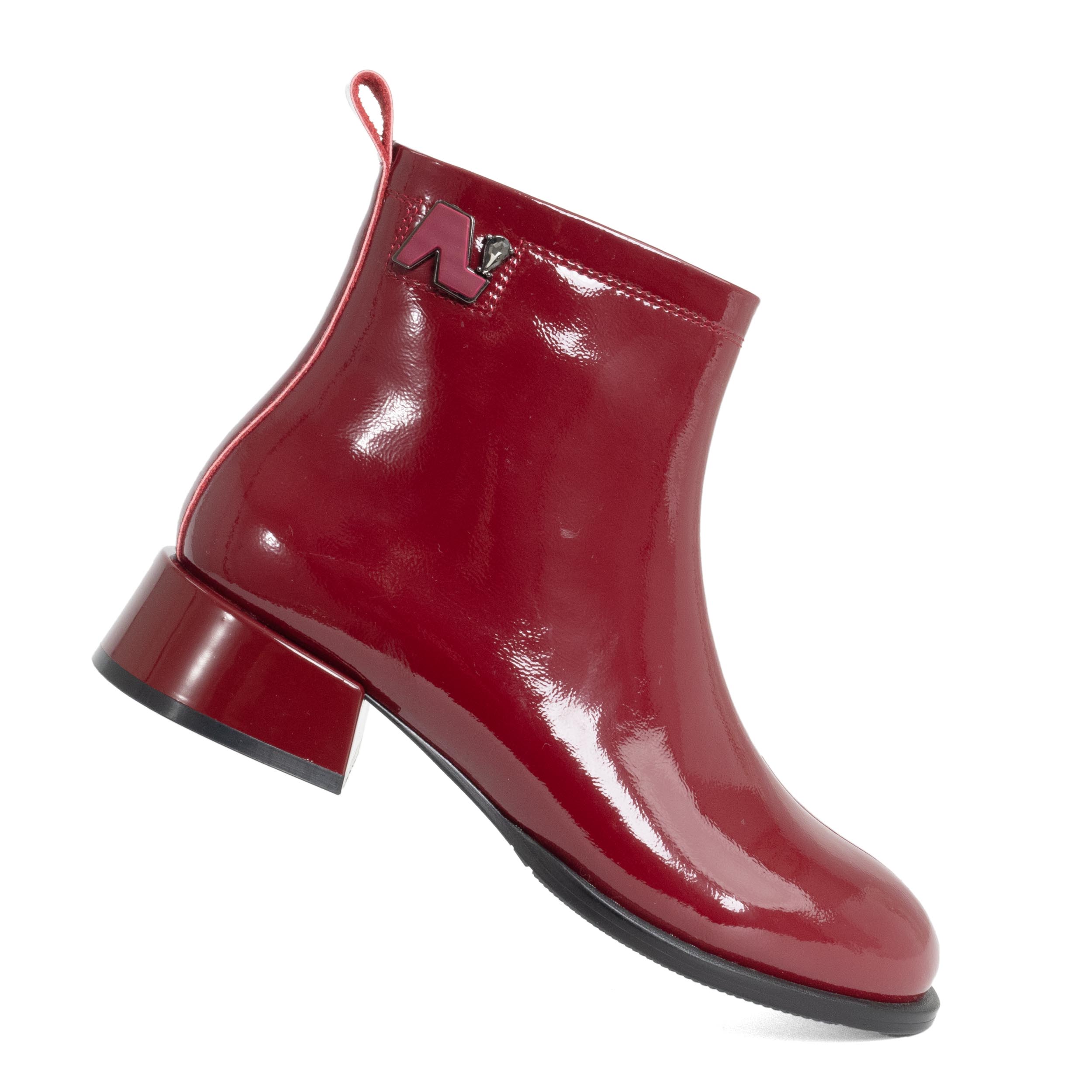 women heeled boots with burgundy patent leather
