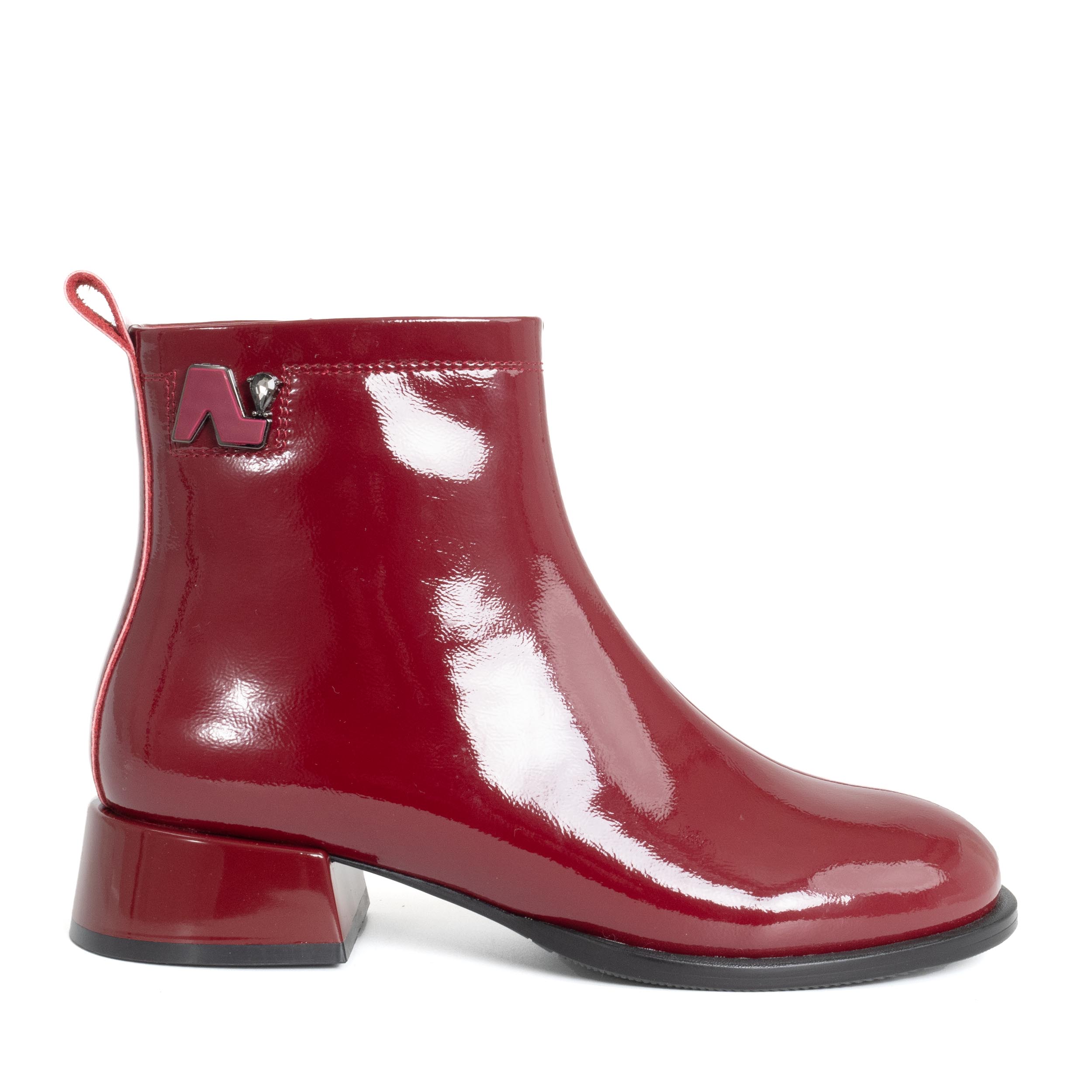 women heeled boots with burgundy patent leather