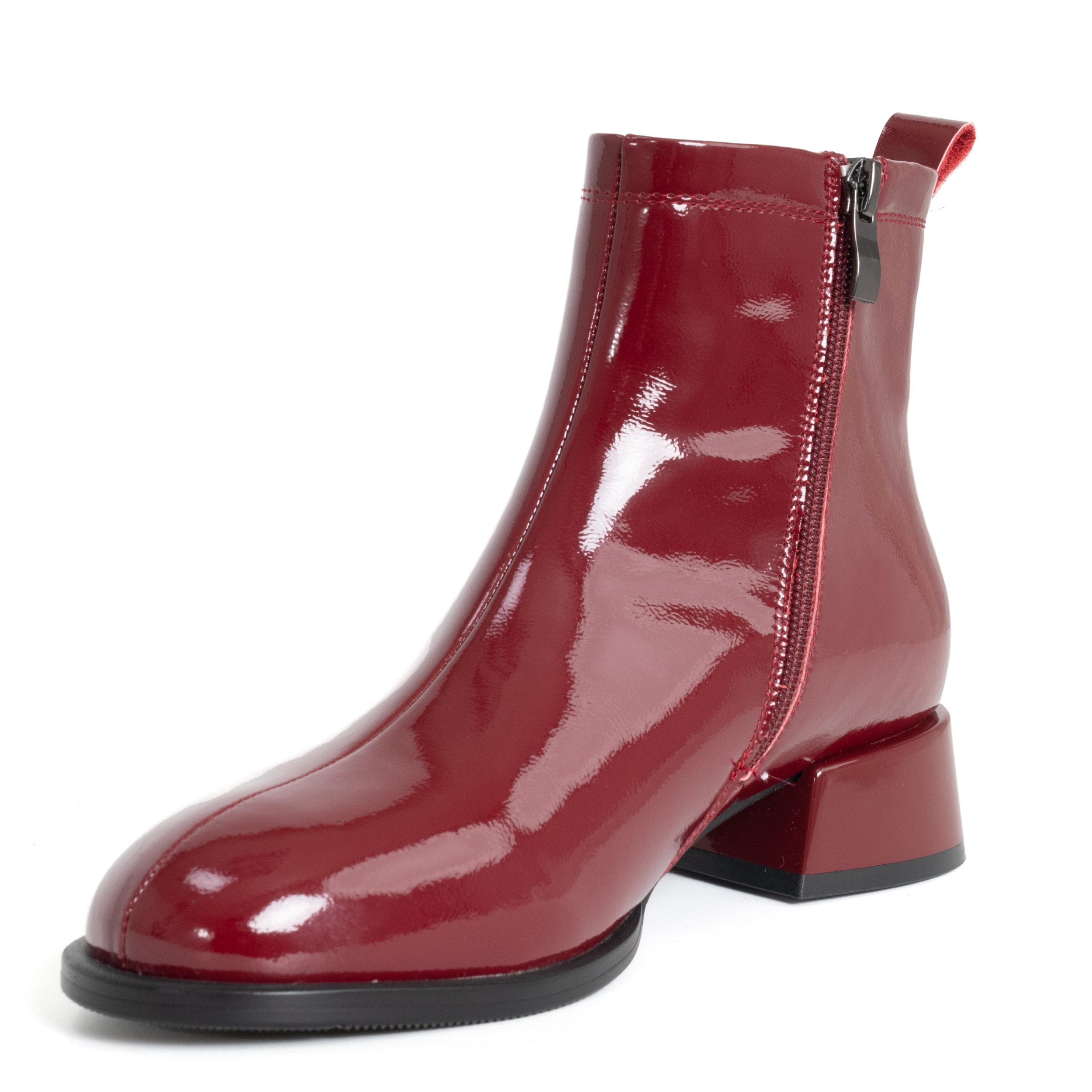 women heeled boots with burgundy patent leather