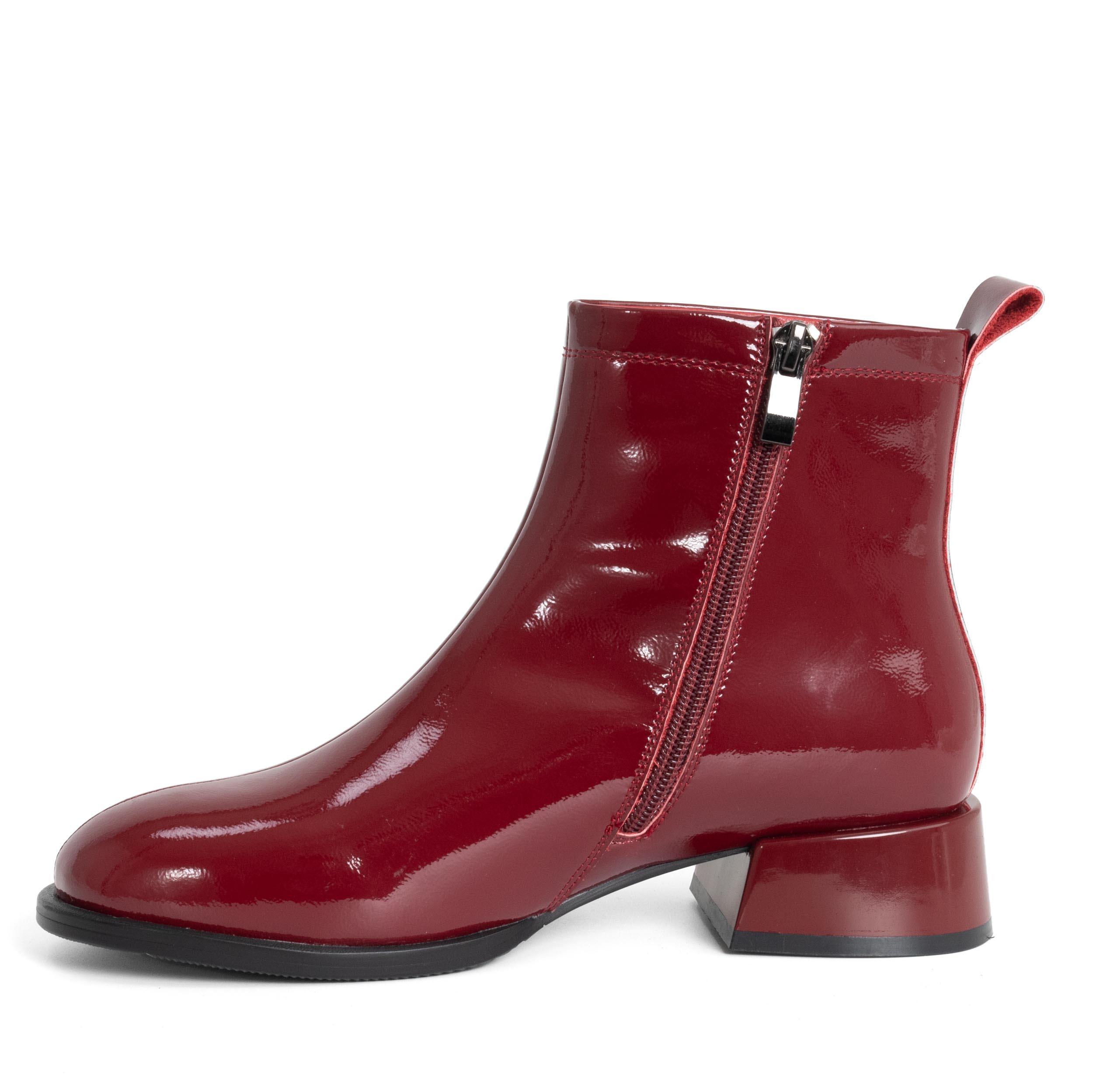 women heeled boots with burgundy patent leather
