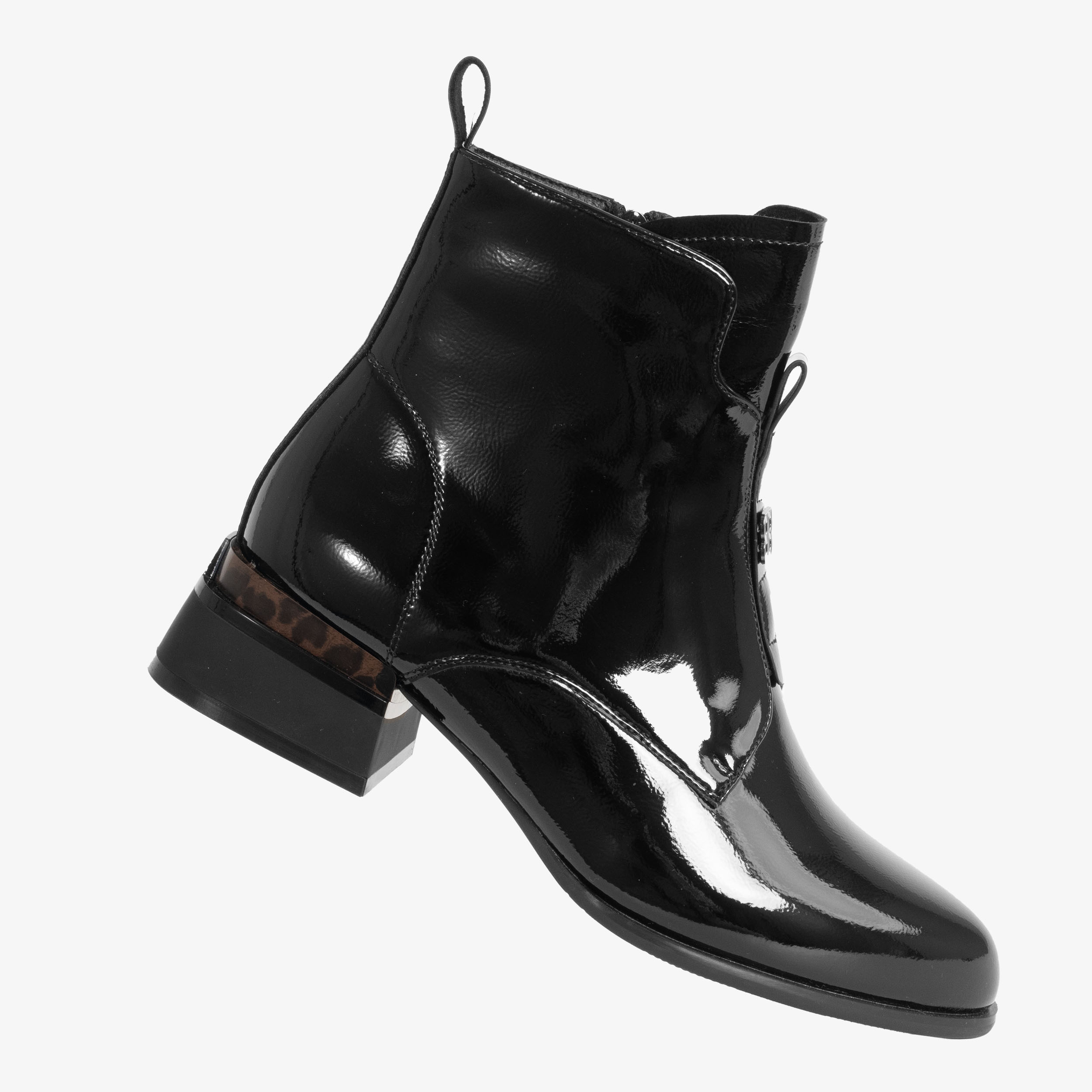 women heeled boots with patent leather and leopard heel