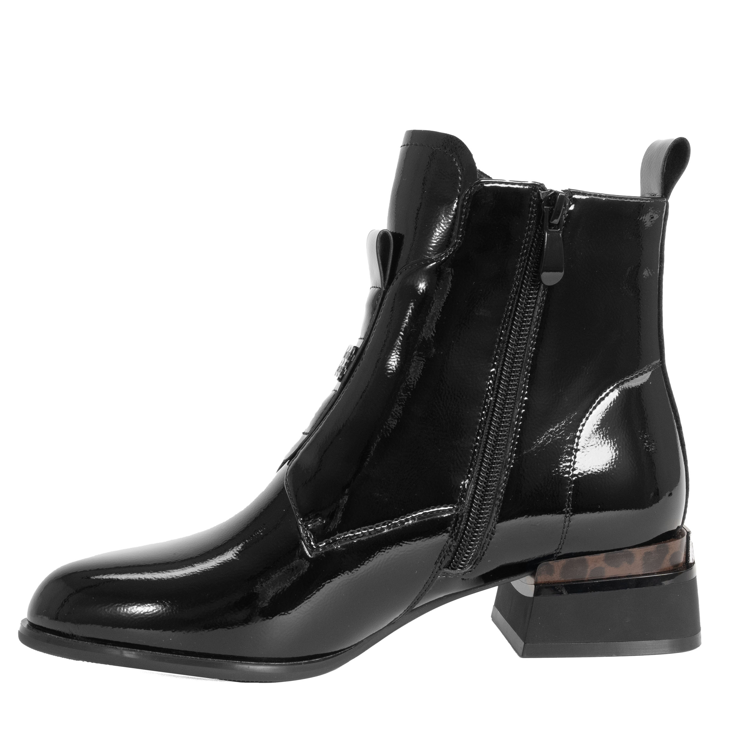 women heeled boots with patent leather and leopard heel