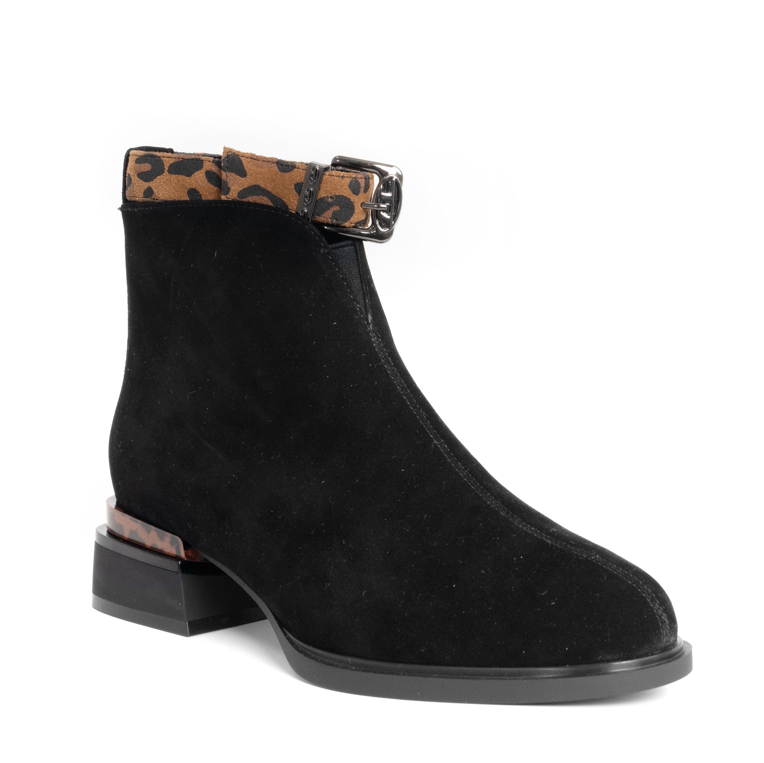 women heeled boots with black leather and leopard microfiber