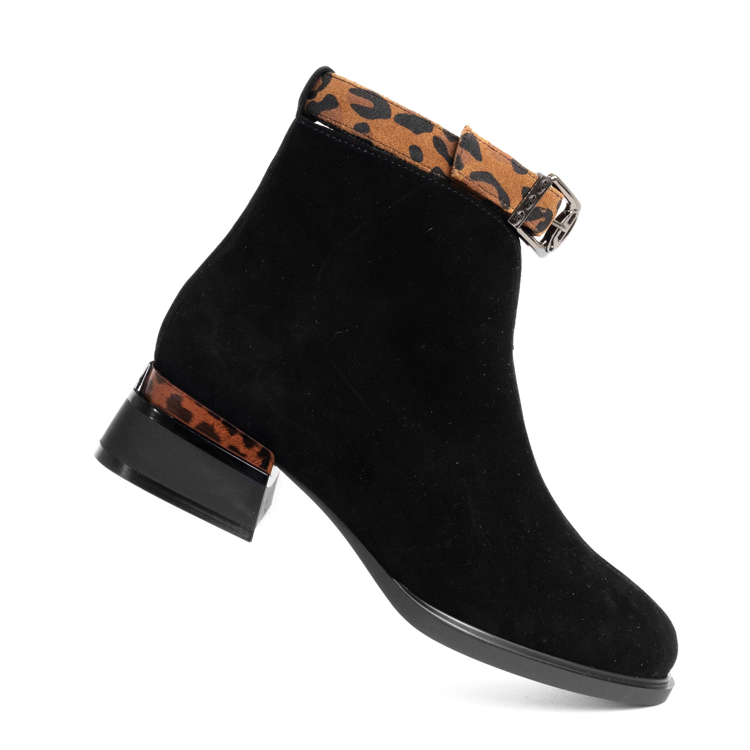 women heeled boots with black leather and leopard microfiber