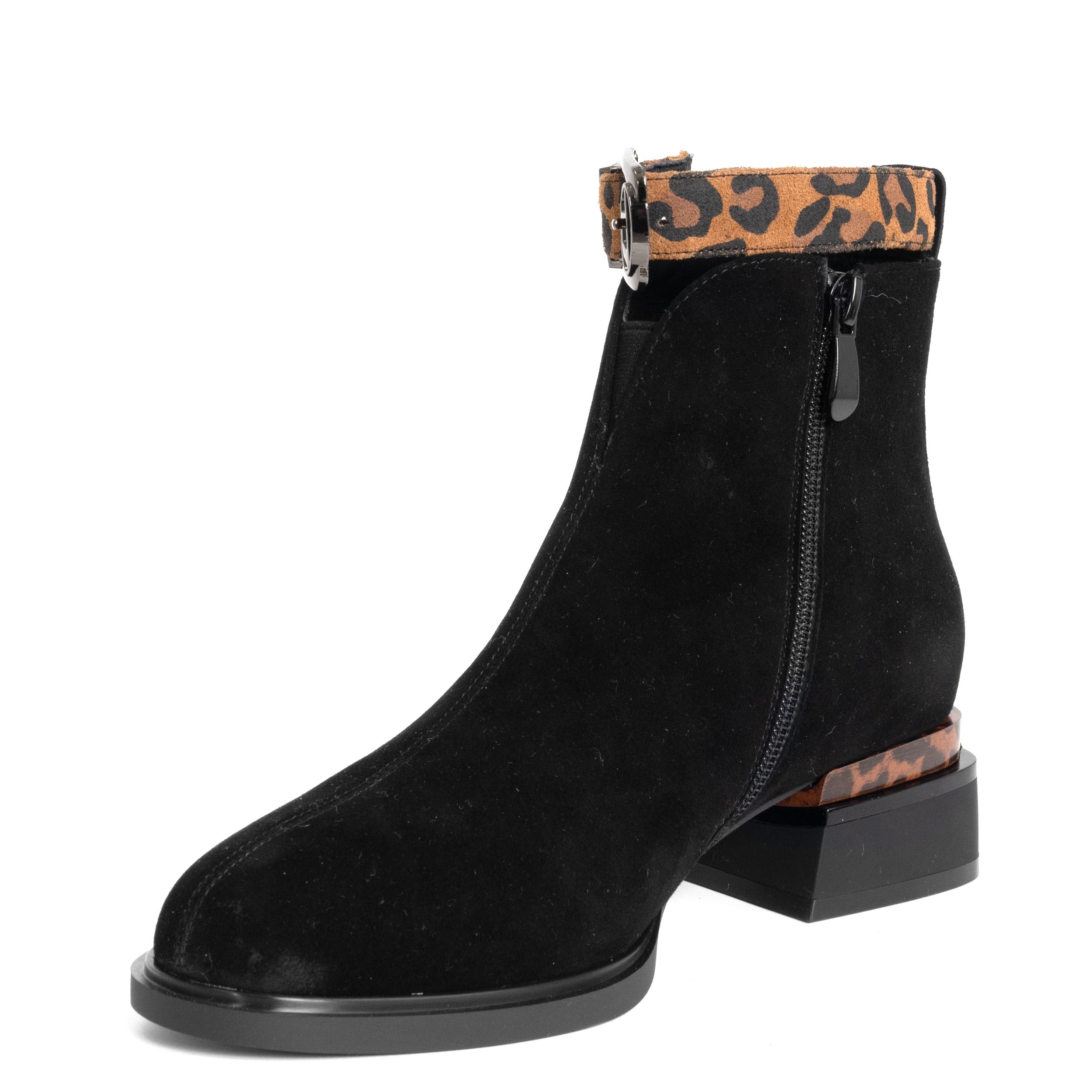 women heeled boots with black leather and leopard microfiber