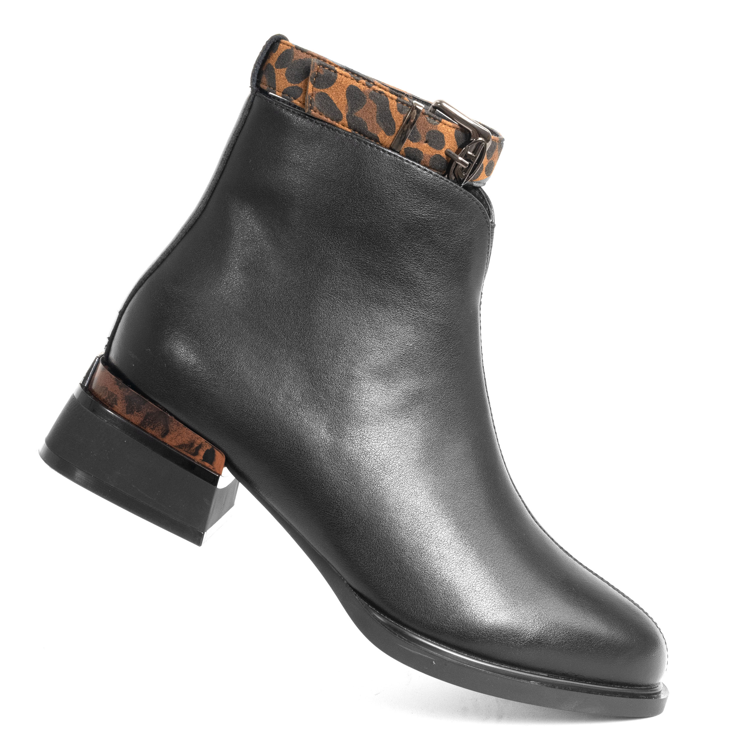 women heeled boots with black leather and leopard microfiber