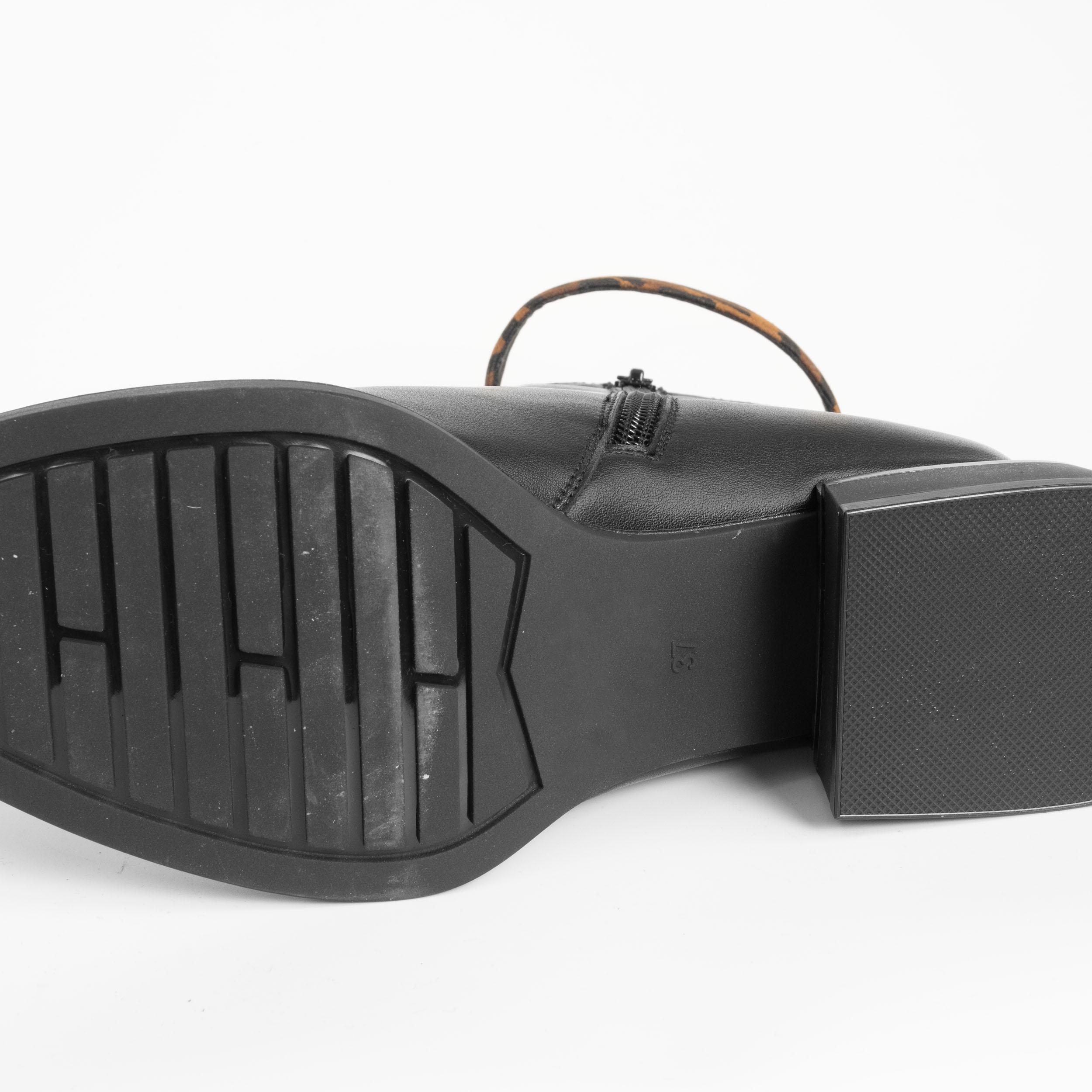 women heeled boots with black leather and leopard microfiber