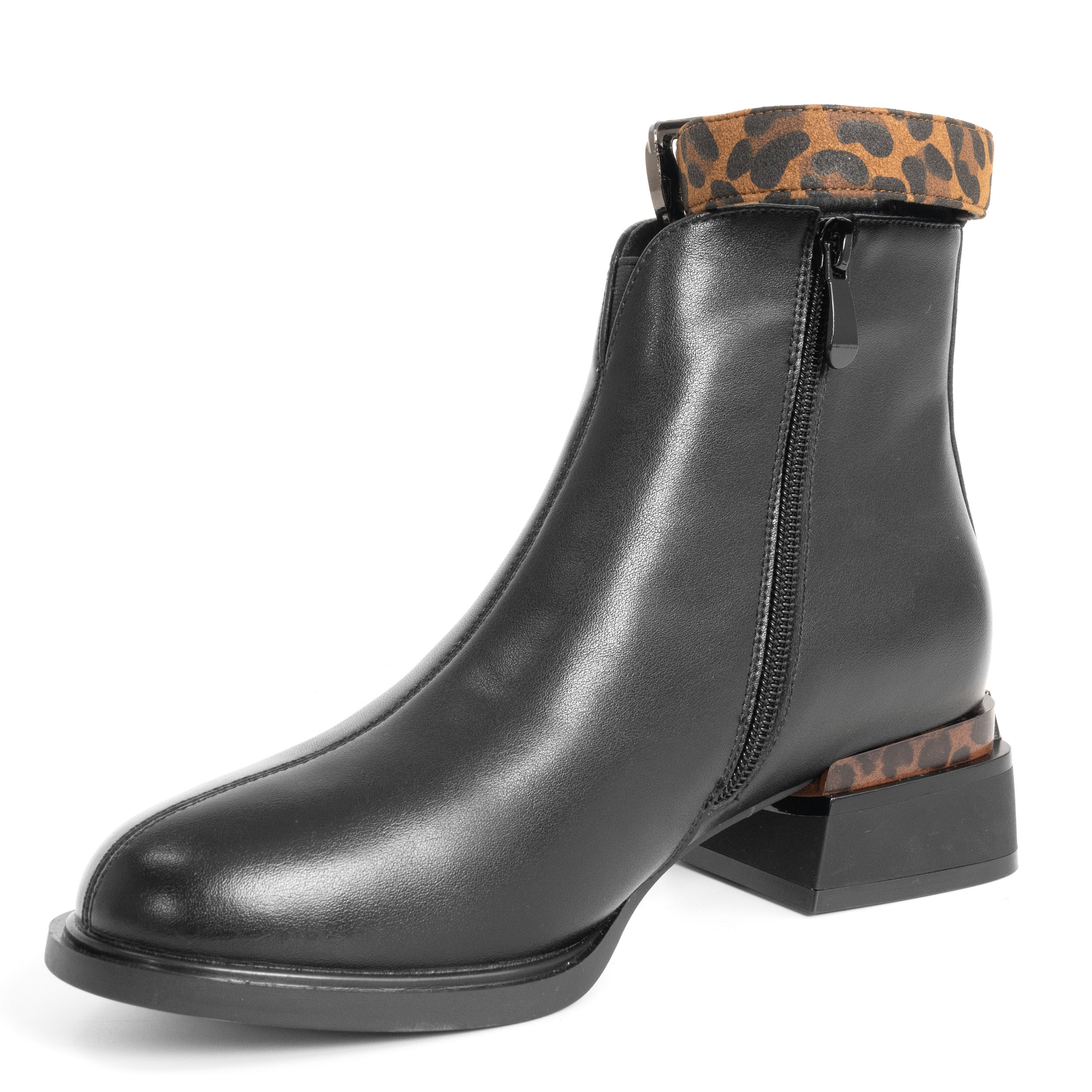 women heeled boots with black leather and leopard microfiber