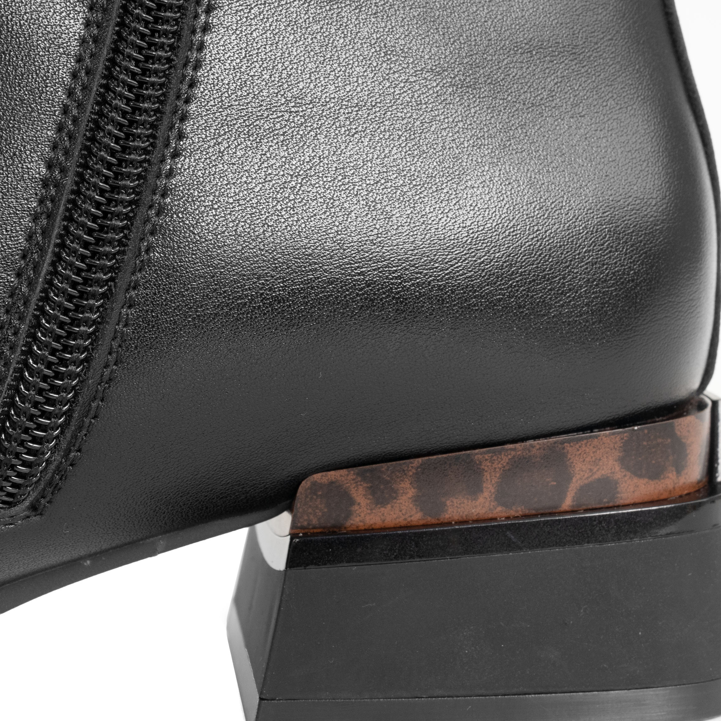 women heeled boots with black leather and leopard microfiber
