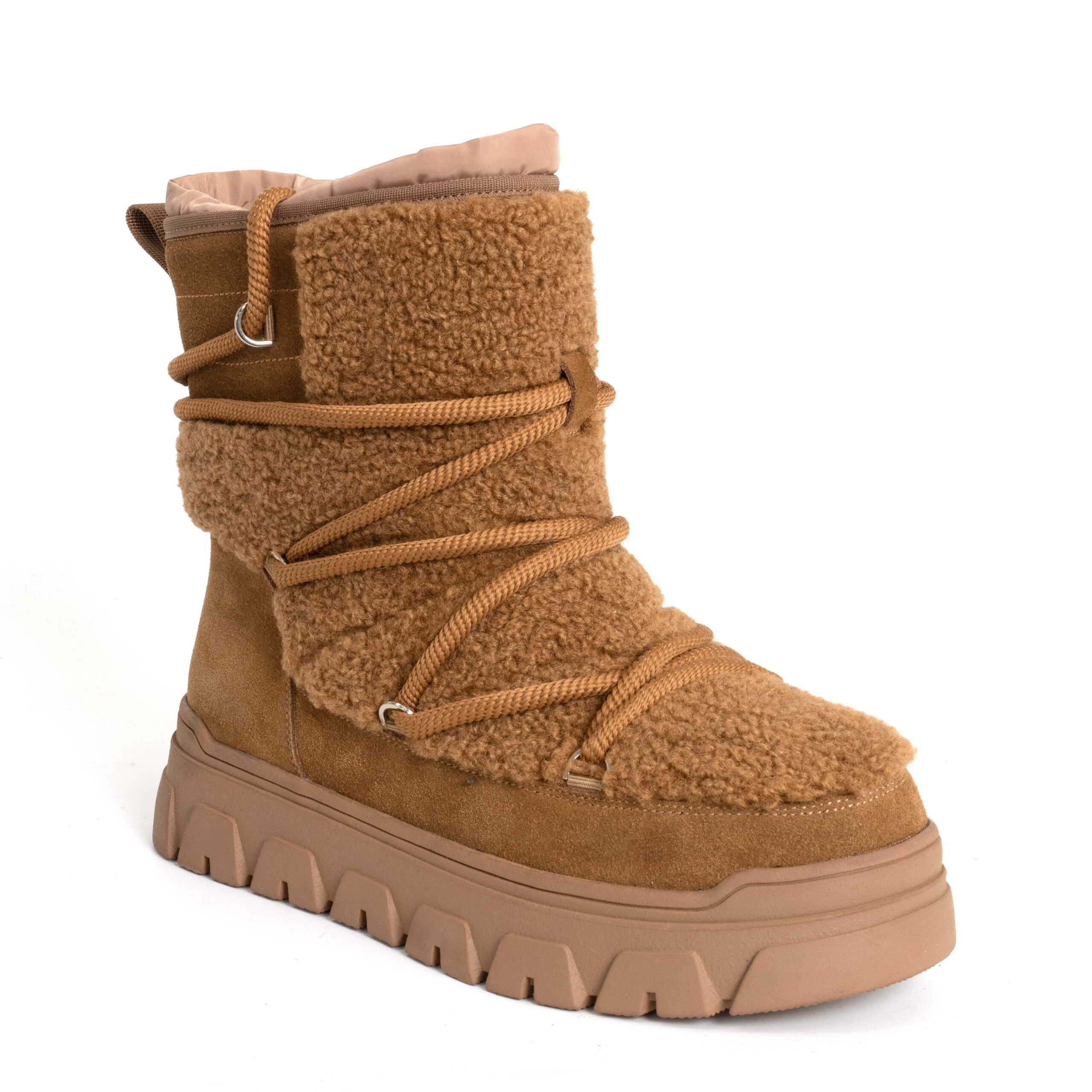 women snow boots with Khaki genuine leather and synthetic fur