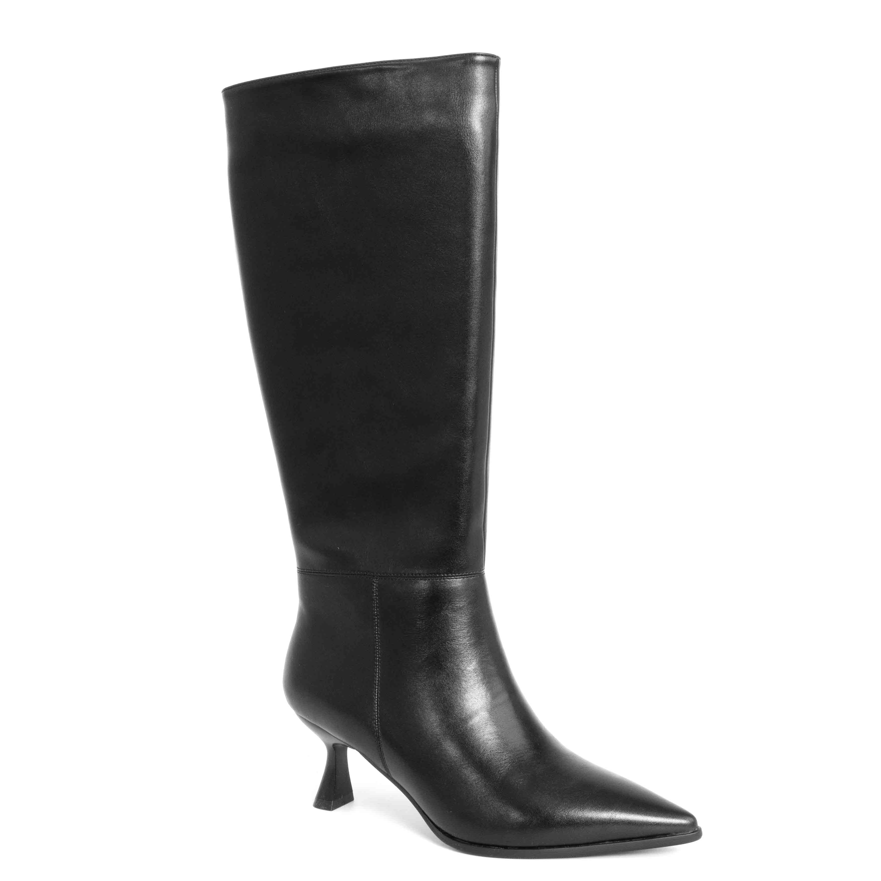 Women knee high boots with Black PU leather and thin heel