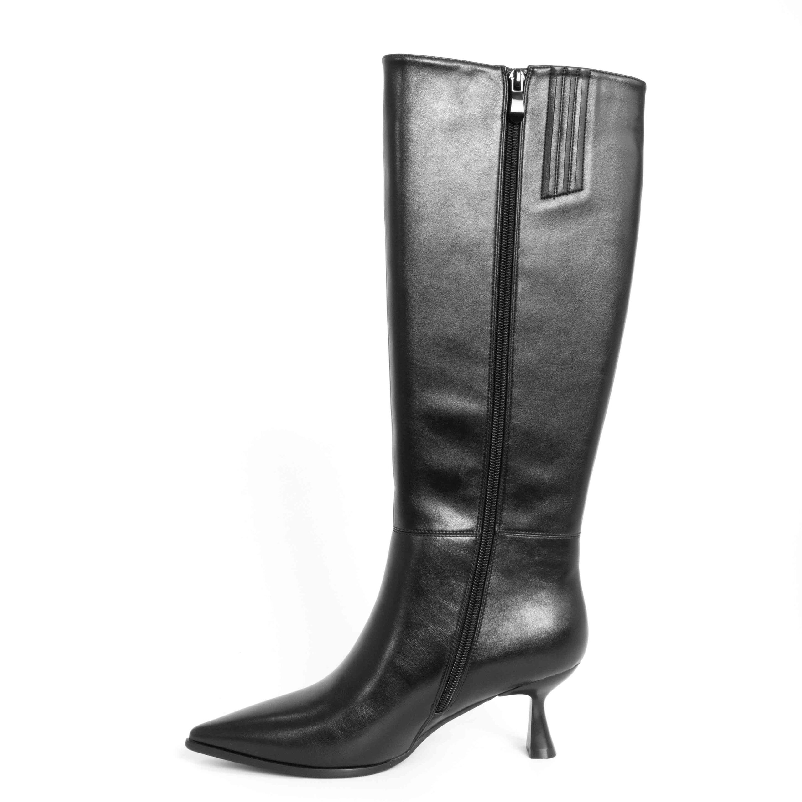Women knee high boots with Black PU leather and thin heel