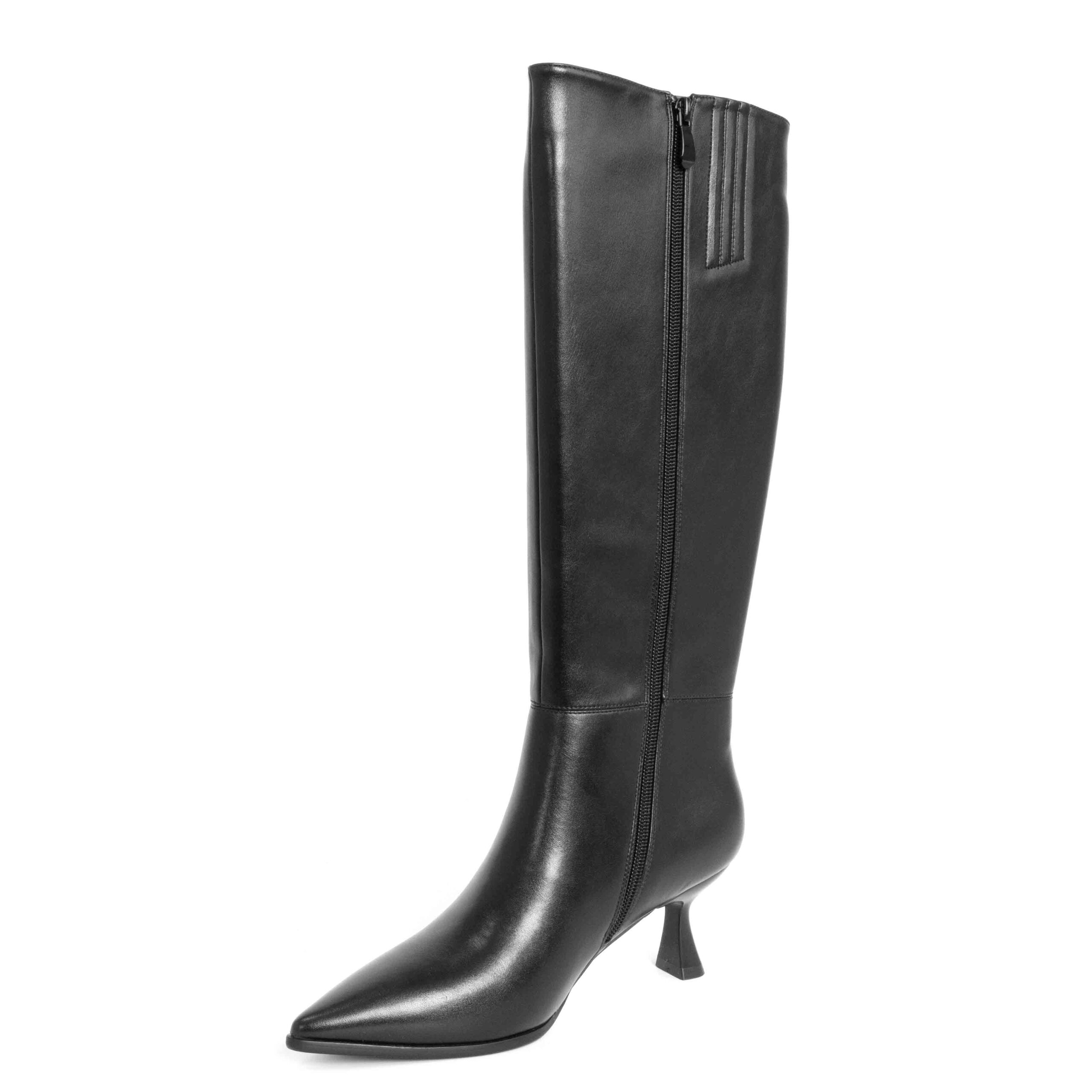 Women knee high boots with Black PU leather and thin heel