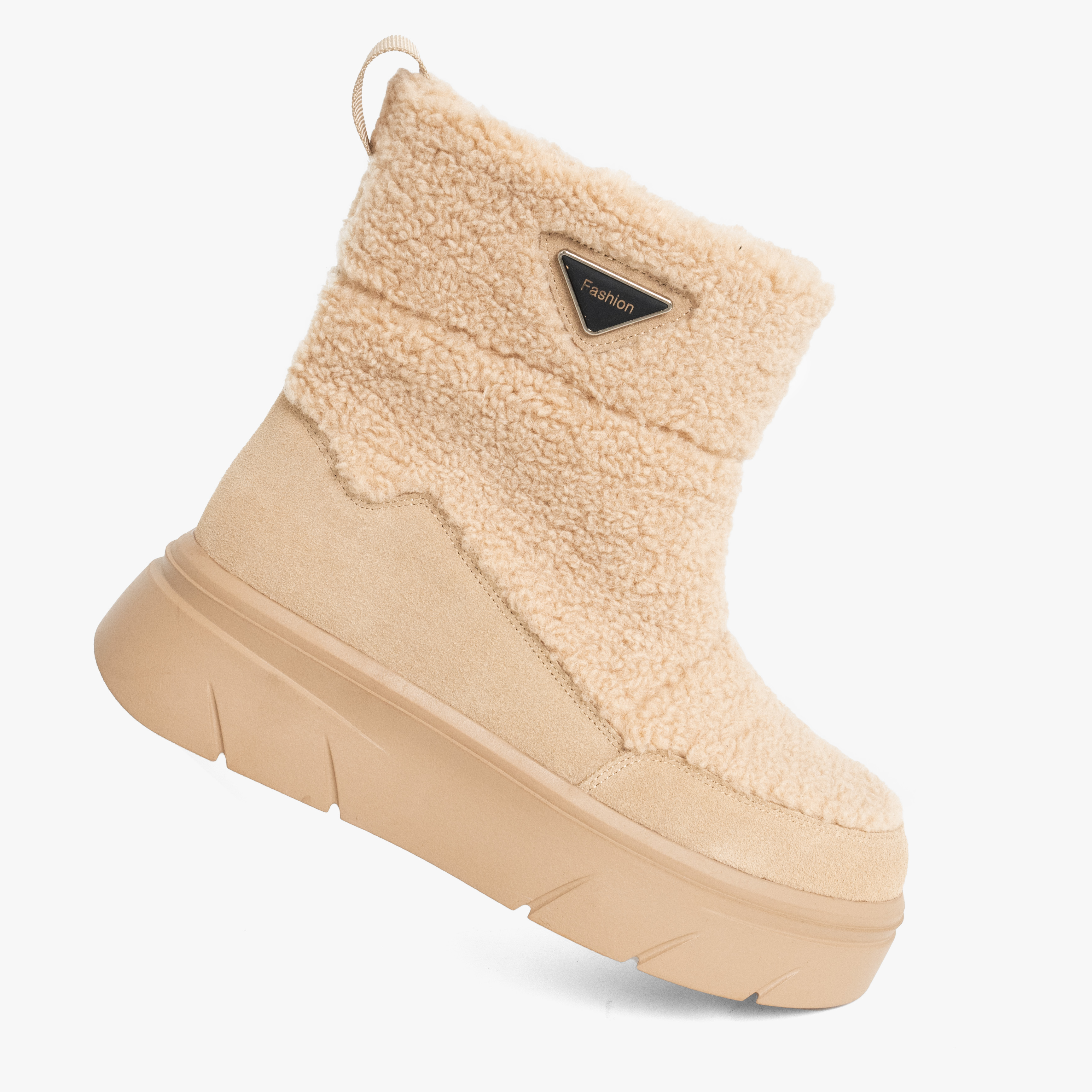 women snow boots with beige genuine leather and synthetic fur