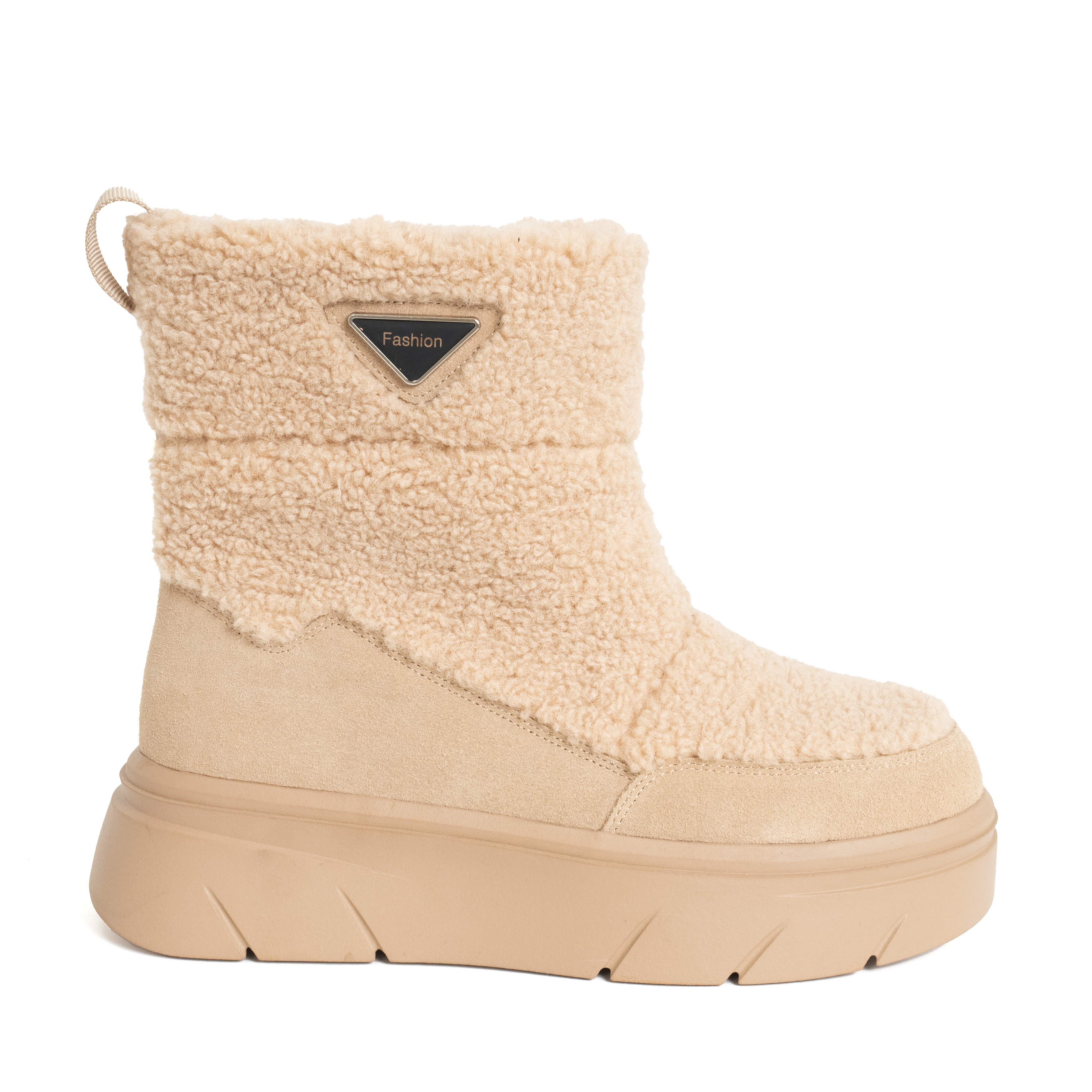 women snow boots with beige genuine leather and synthetic fur