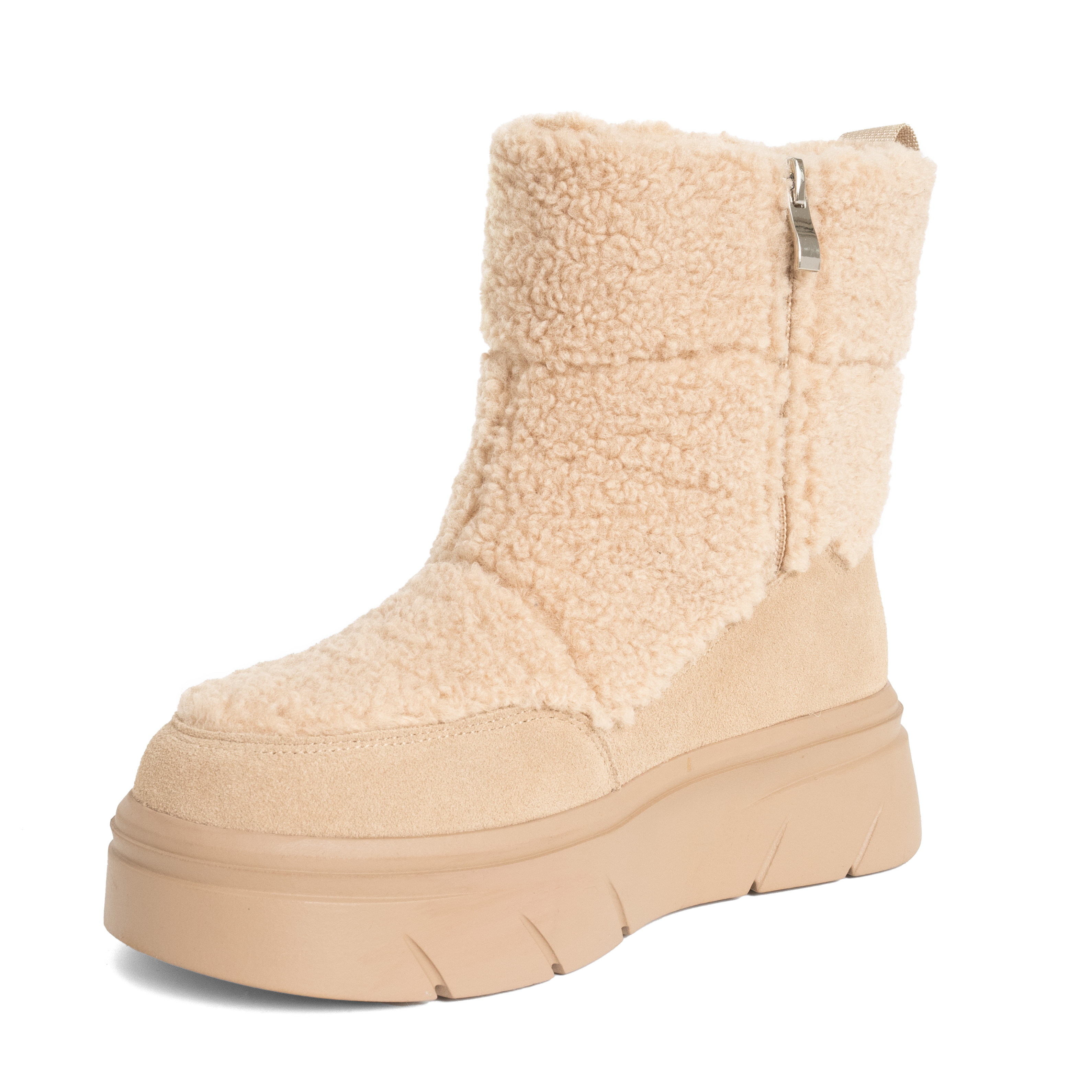women snow boots with beige genuine leather and synthetic fur